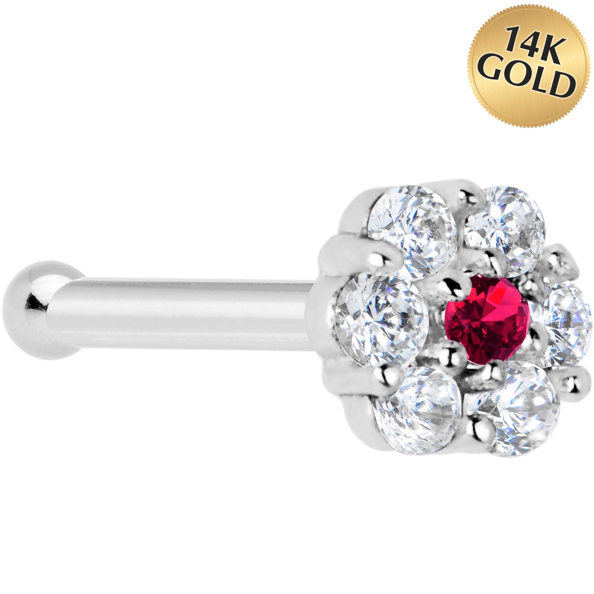 Solid 14KT White Gold Red Clear CZ Flower Nose Bone