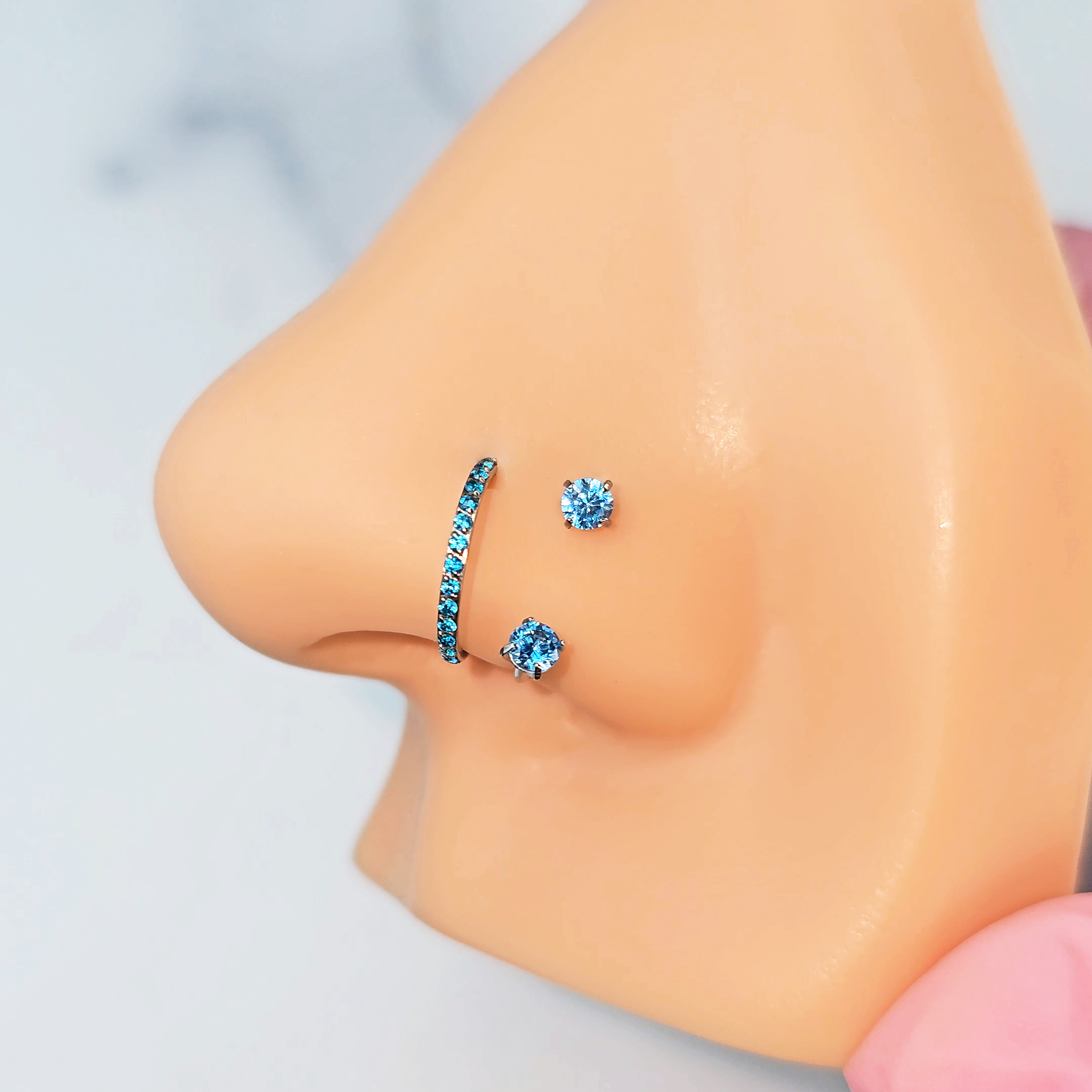 Aqua Smiley Piercing  Nose Rings Titanium Micro Gem U Hoop Nose Ring Set