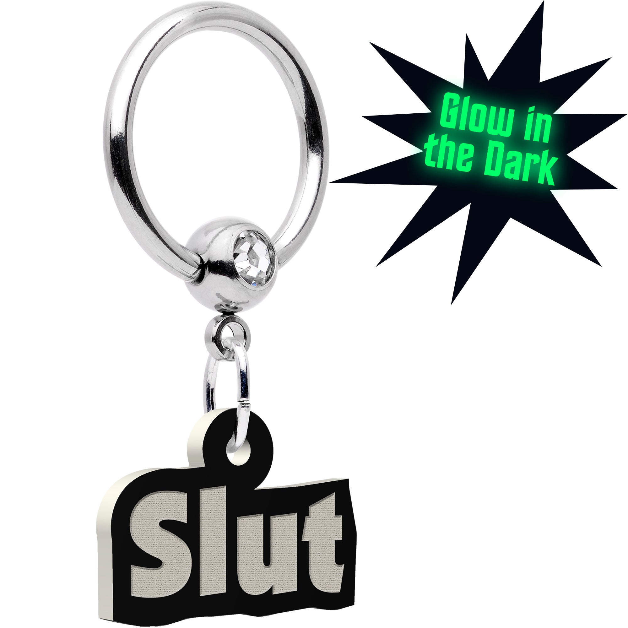 14 Gauge 1/2 Clear Gem Glow in the Dark Slut Dangle Captive Ring