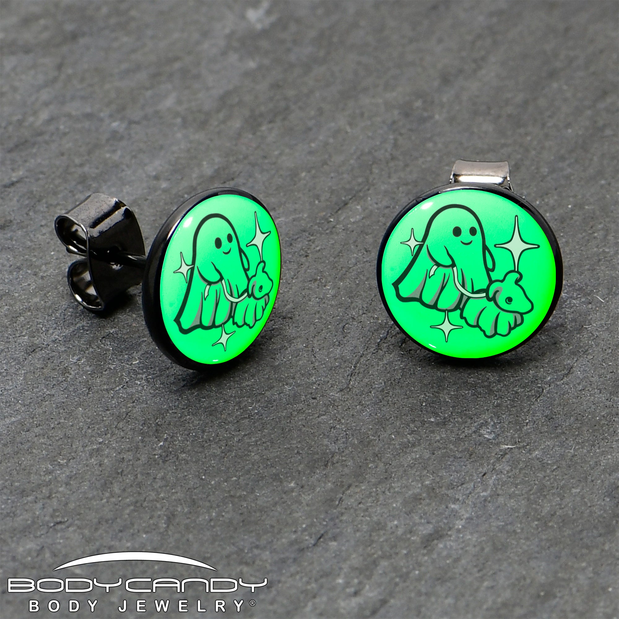 Spooky black anodized ghost dog walker glow-in-the-dark stud earrings