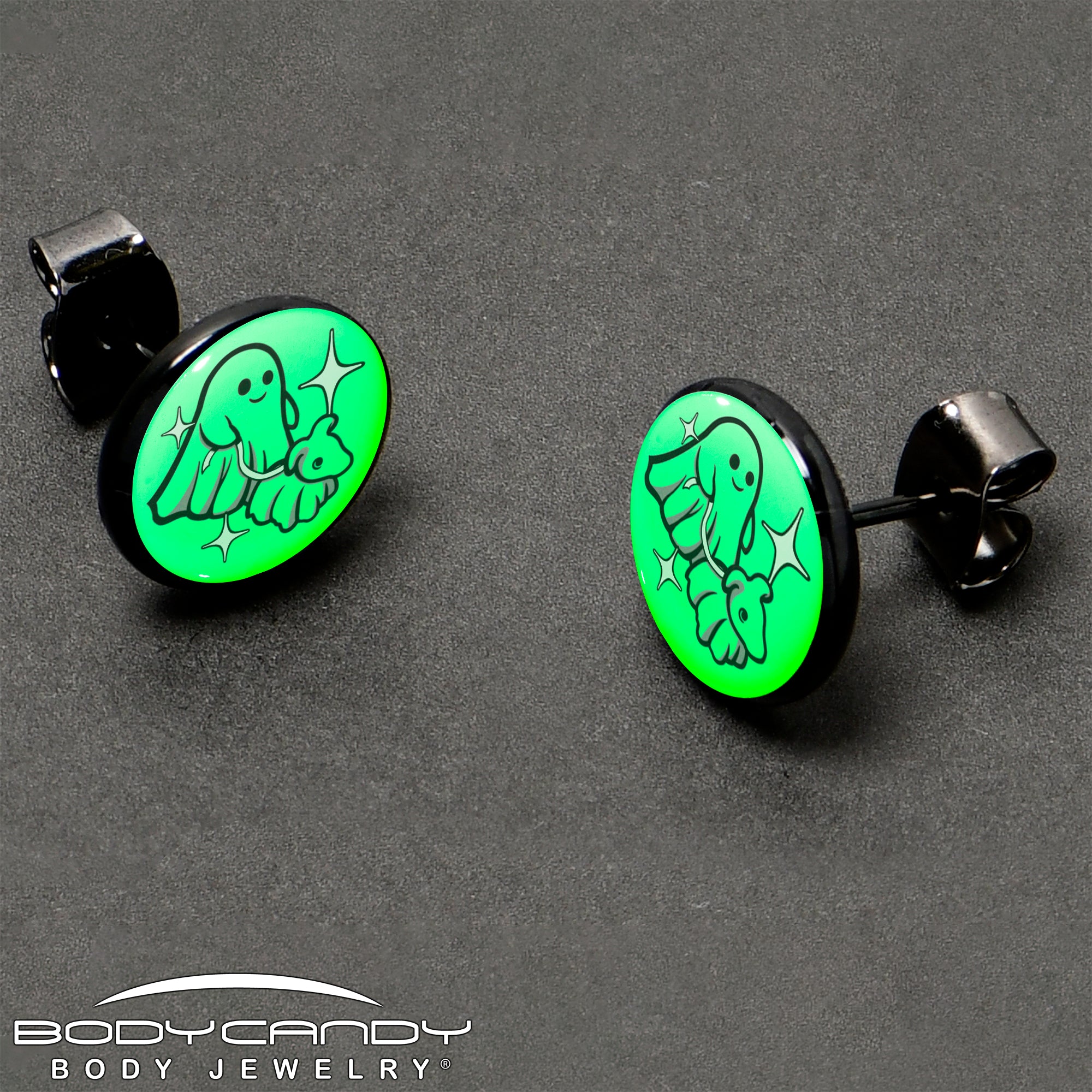 Black Anodized Halloween Ghost Dog Walker Glow in the Dark Stud Earrings Made in USA