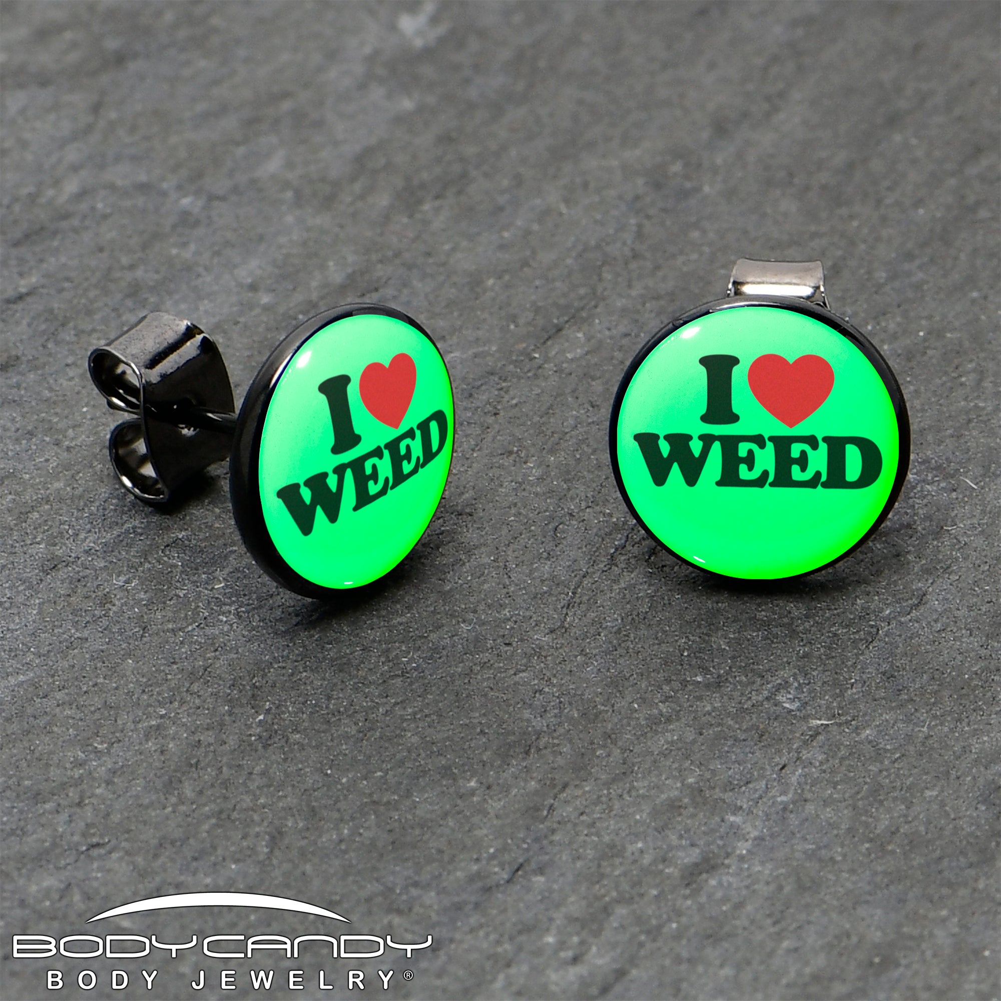 I Love Weed glow in the dark black anodized earrings