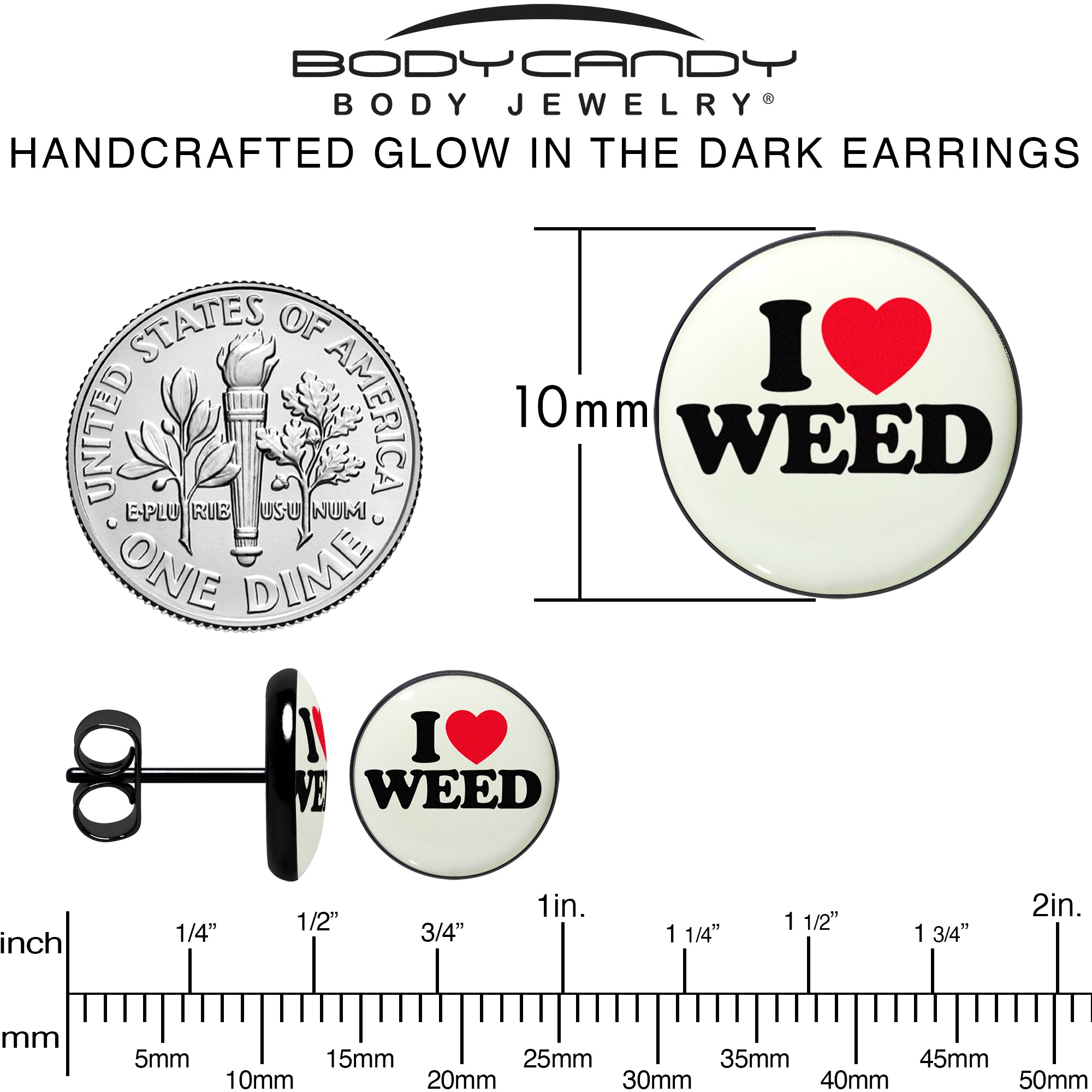 Glow in the dark stud earrings with I Love Weed design, black anodized