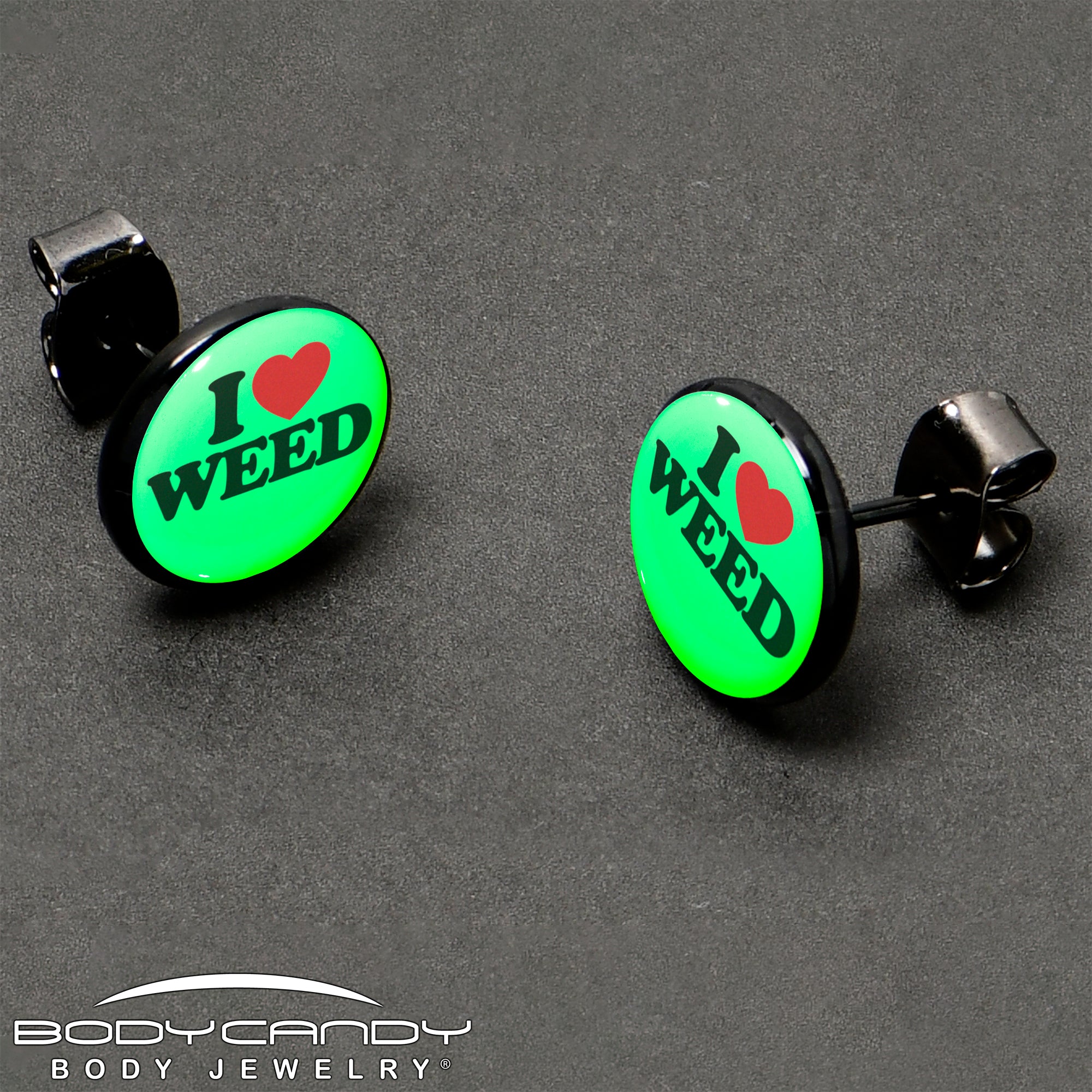 Black Anodized I Love Weed Glow in the Dark Stud Earrings Made in USA