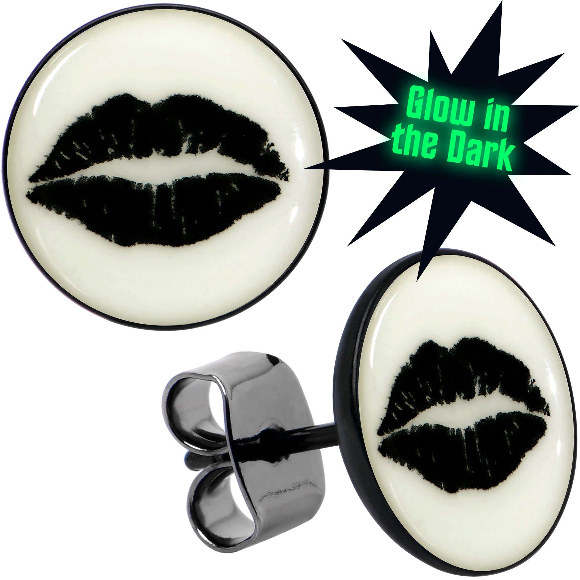 Black Anodized Steel Lipstick Kiss Mark Glow in the Dark Stud Earrings