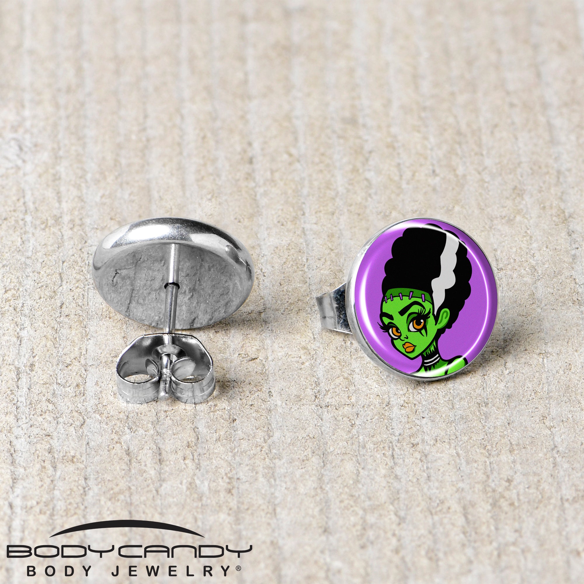 Black and white Bride of Frankenstein stud earrings for horror fans