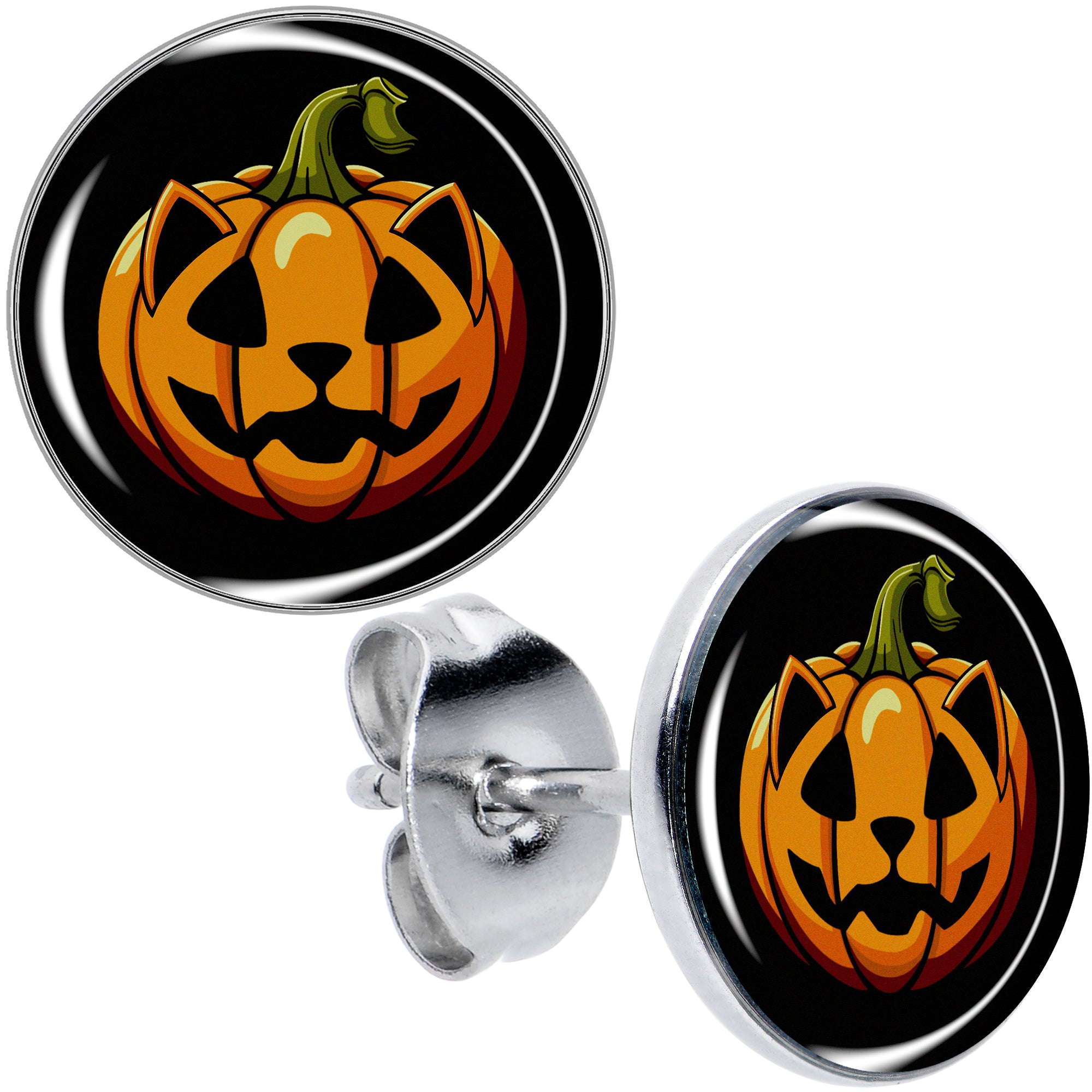 Orange Pumpkin Cat Jack-O-Lantern Stud Earrings