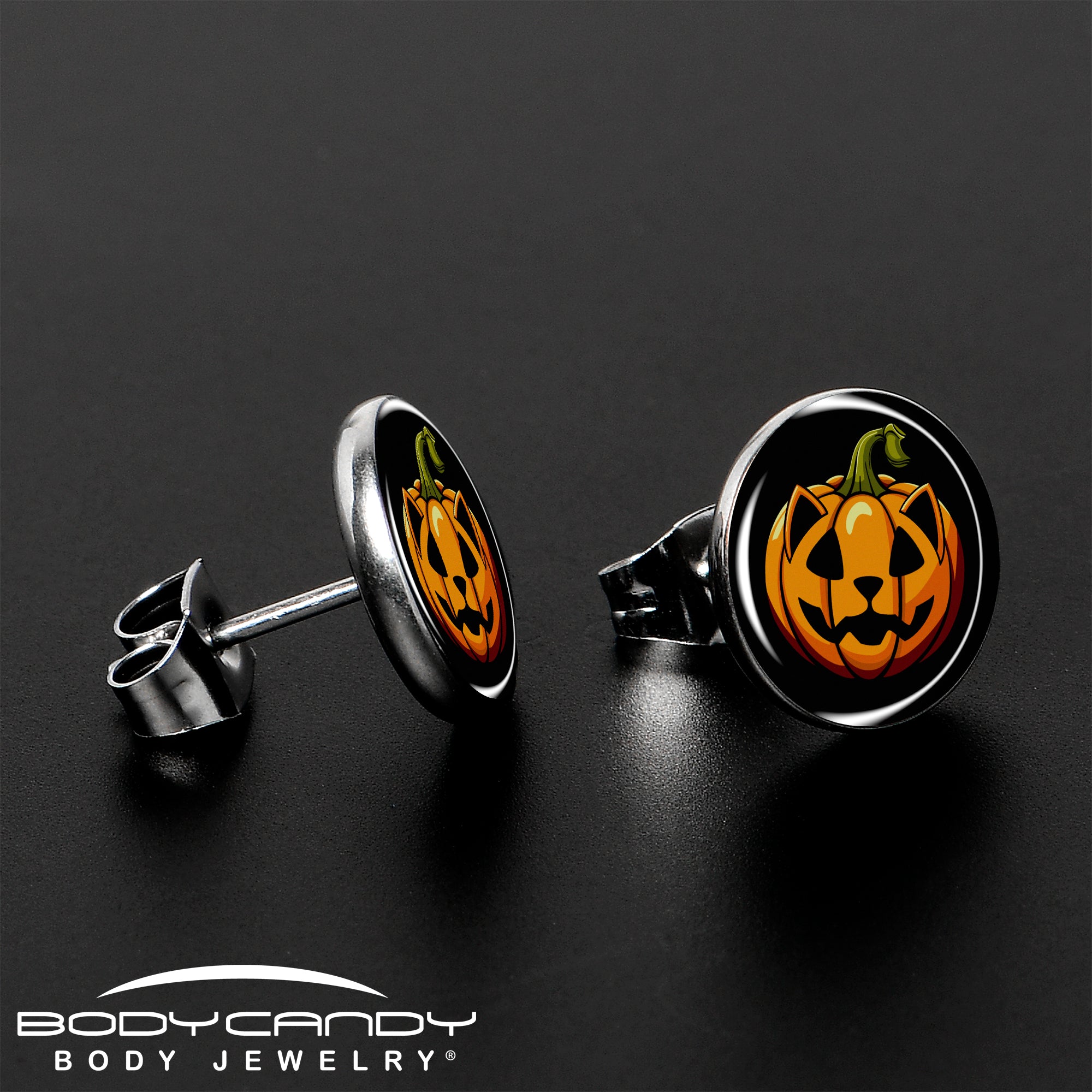 Orange Pumpkin Cat Jack-O-Lantern Stud Earrings