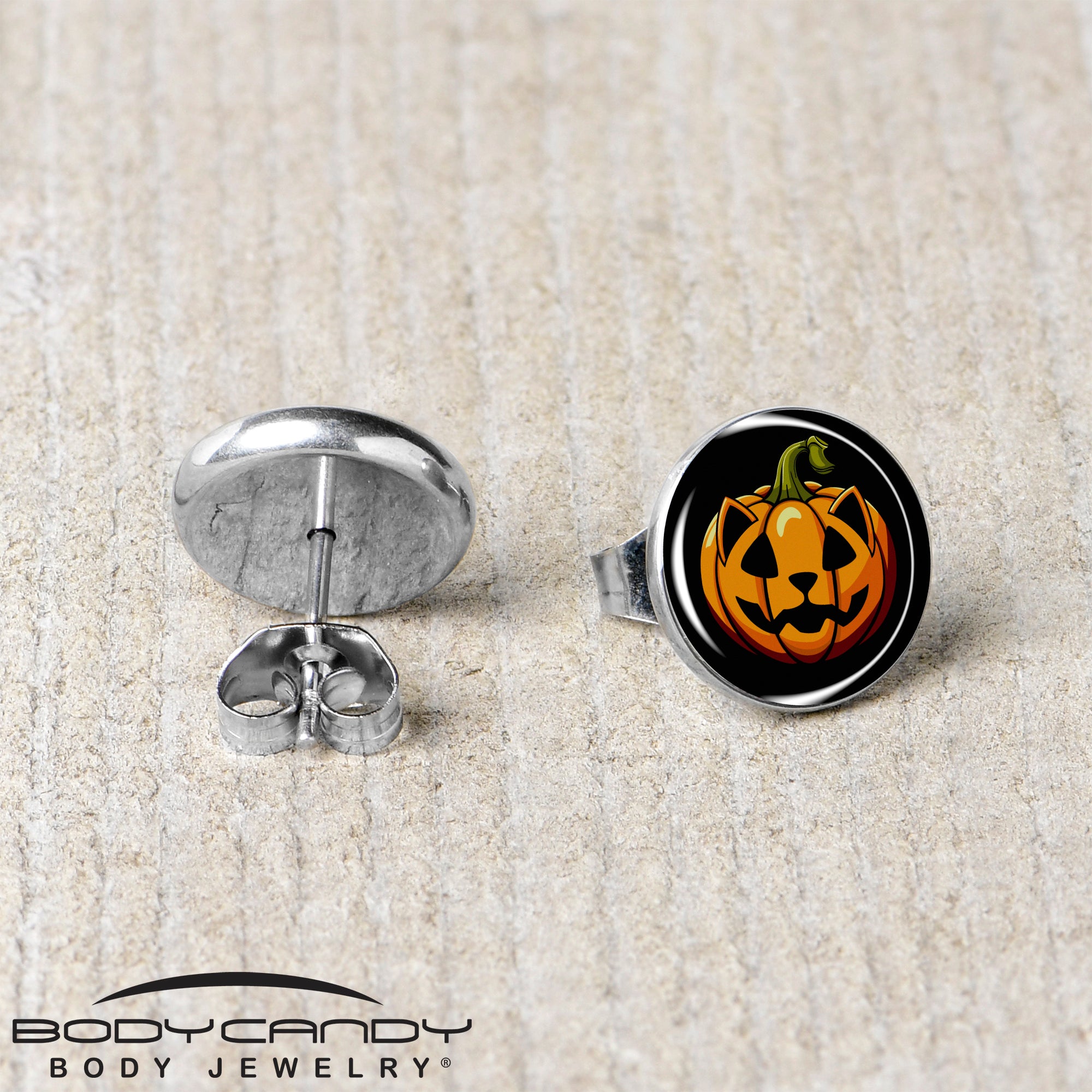 Orange Pumpkin Cat Jack-O-Lantern Stud Earrings