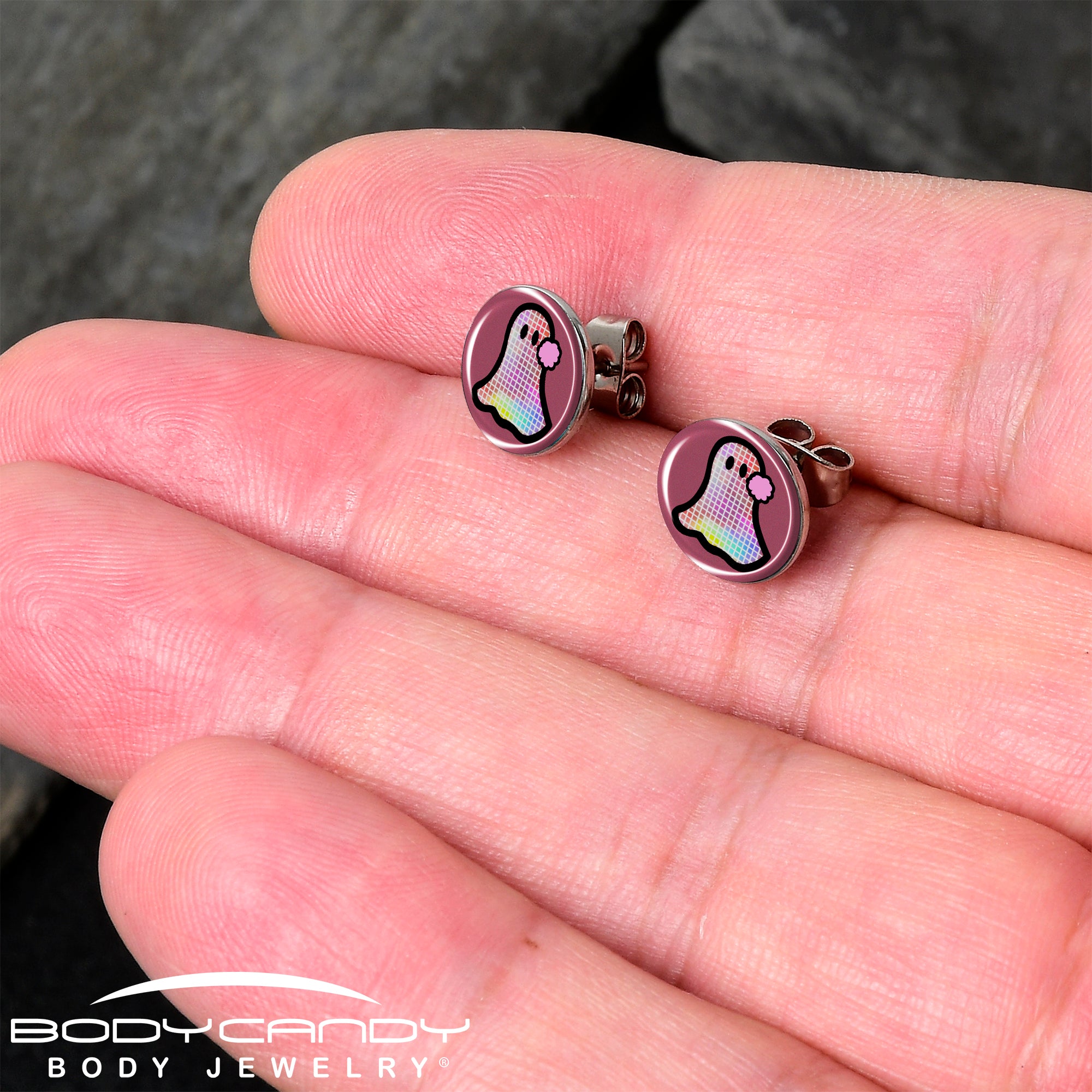 Close-up of disco spirit ghost stud earrings