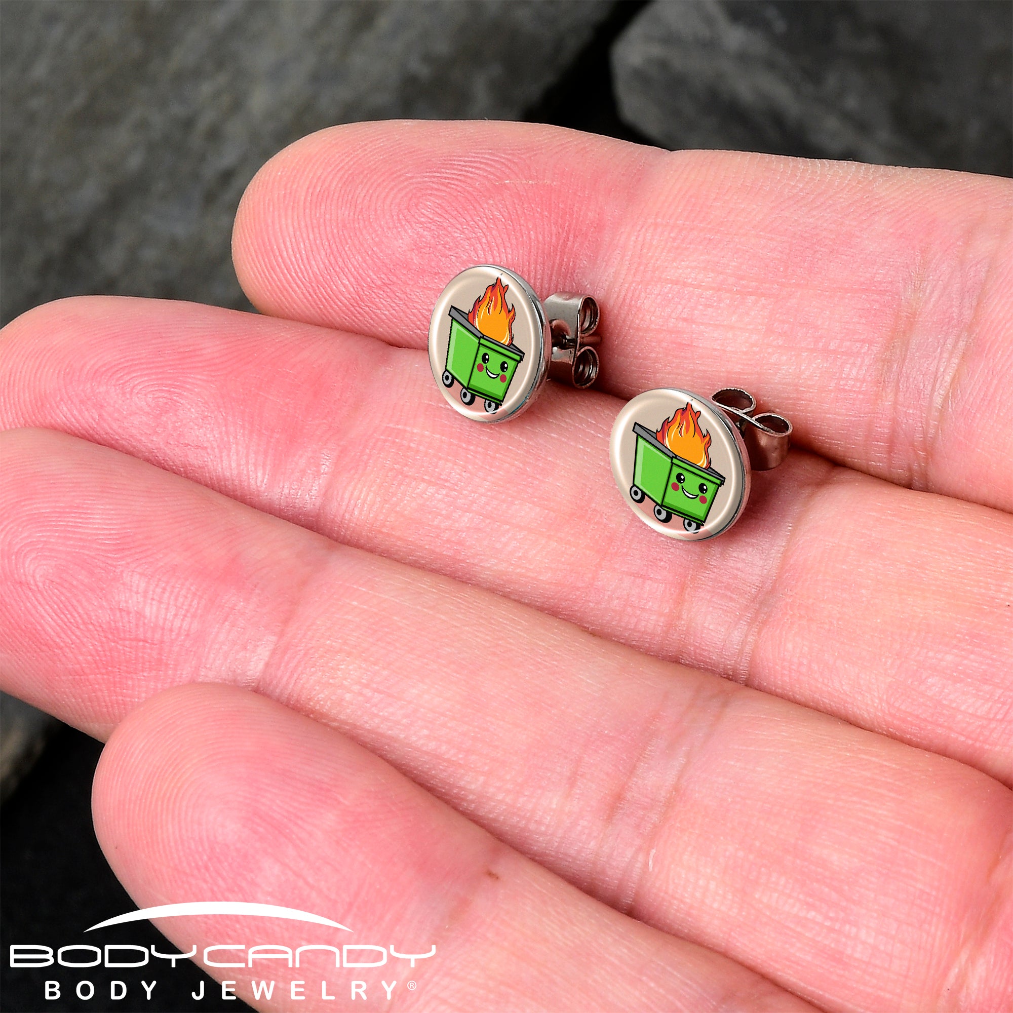 Quirky dumpster fire stud earrings in enamel