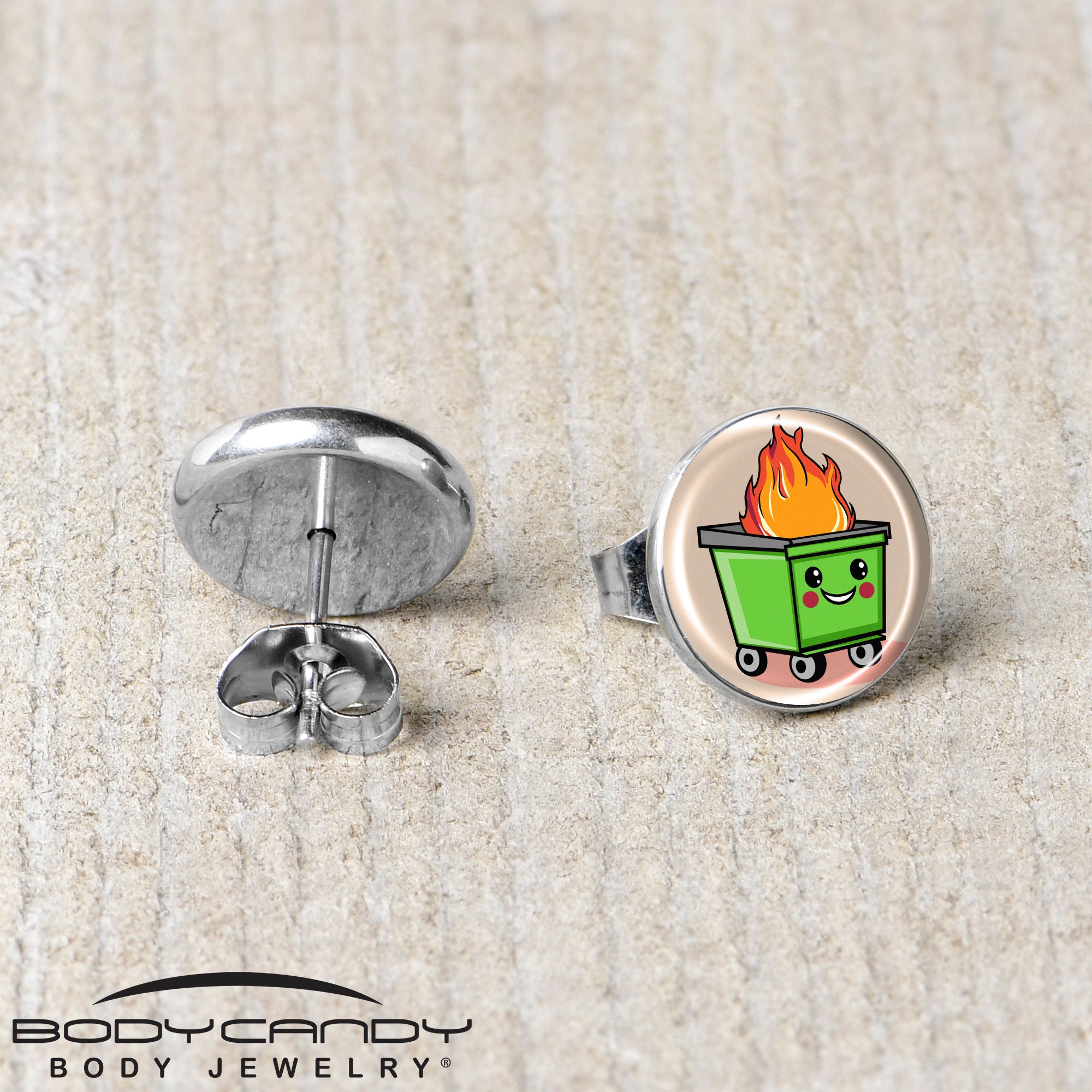 Artistic dumpster fire studs with detailed flame design