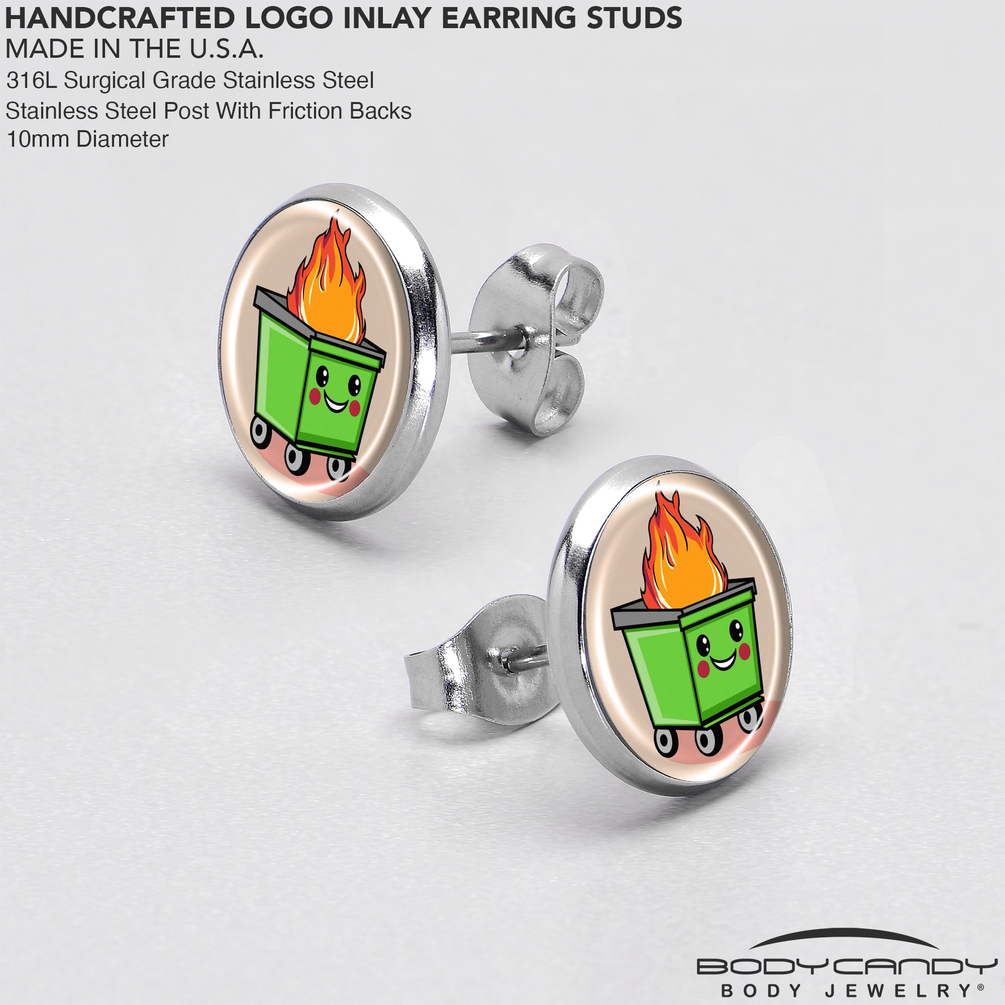 Handcrafted dumpster fire stud earrings with vibrant enamel details