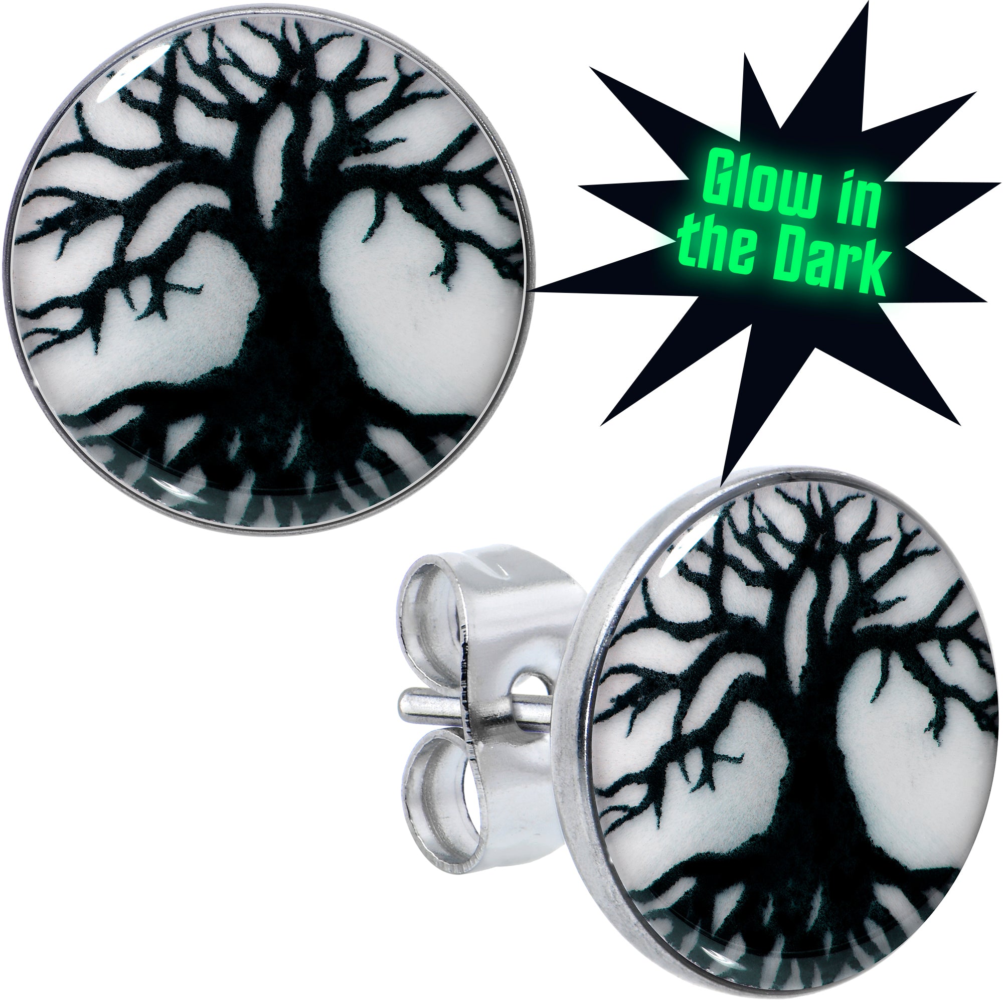 Stainless Steel Tree of Life Glow in the Dark Stud Earrings