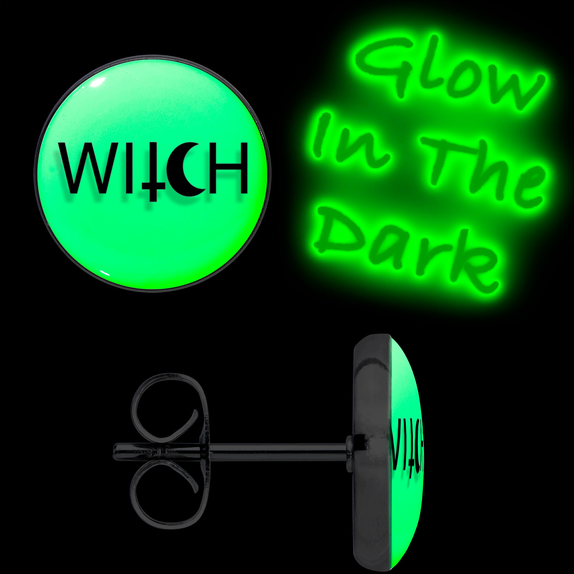 Glow in the dark mystical witch stud earrings