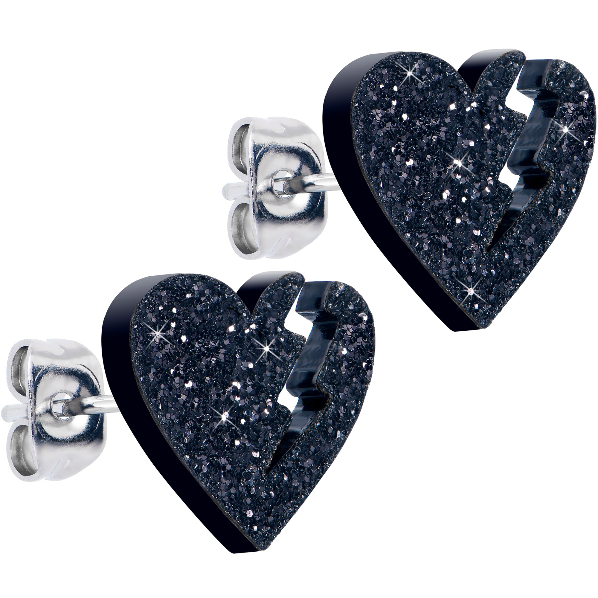 Heartbreaker broken heart stud earrings with glitter