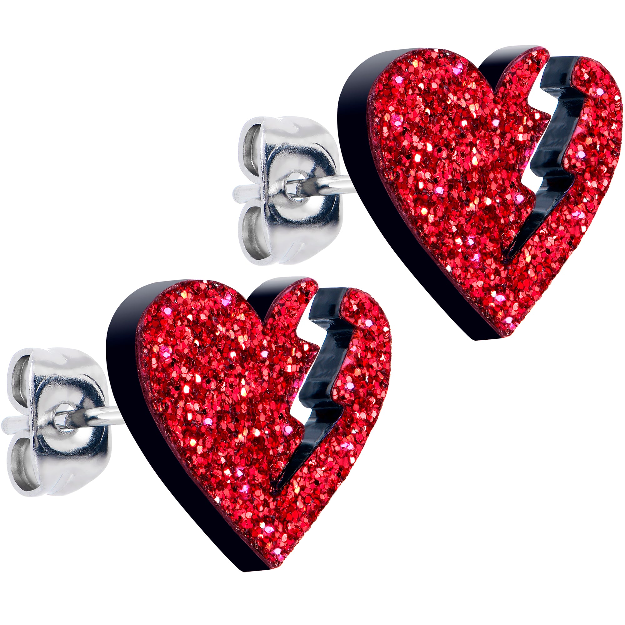 Heart-shaped glitter broken heart stud earrings