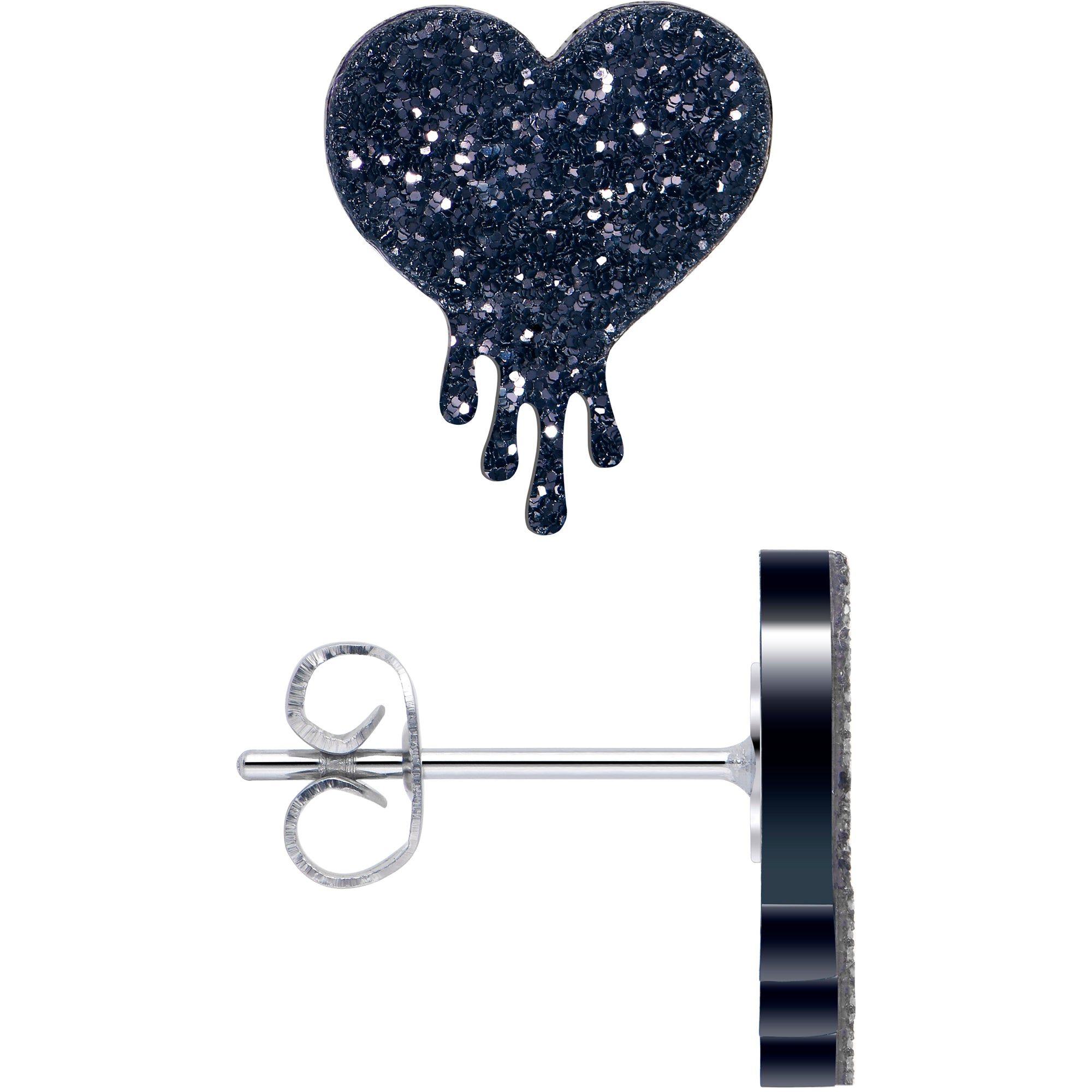 Melting black heart studs with sparkle