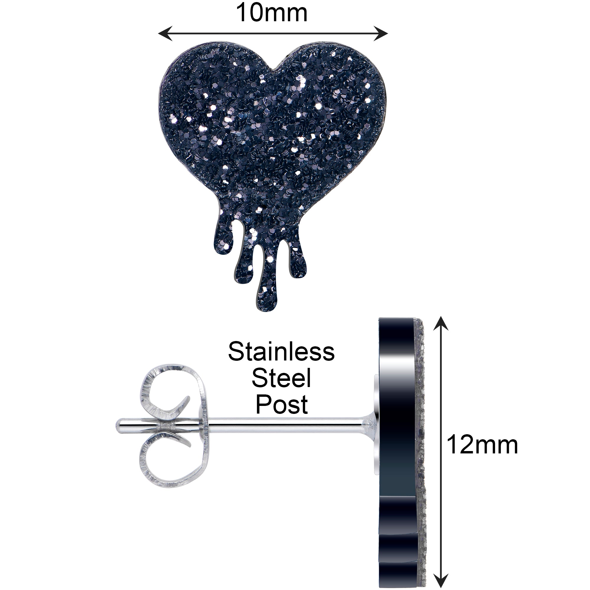 Black glitter heart studs for pierced ears