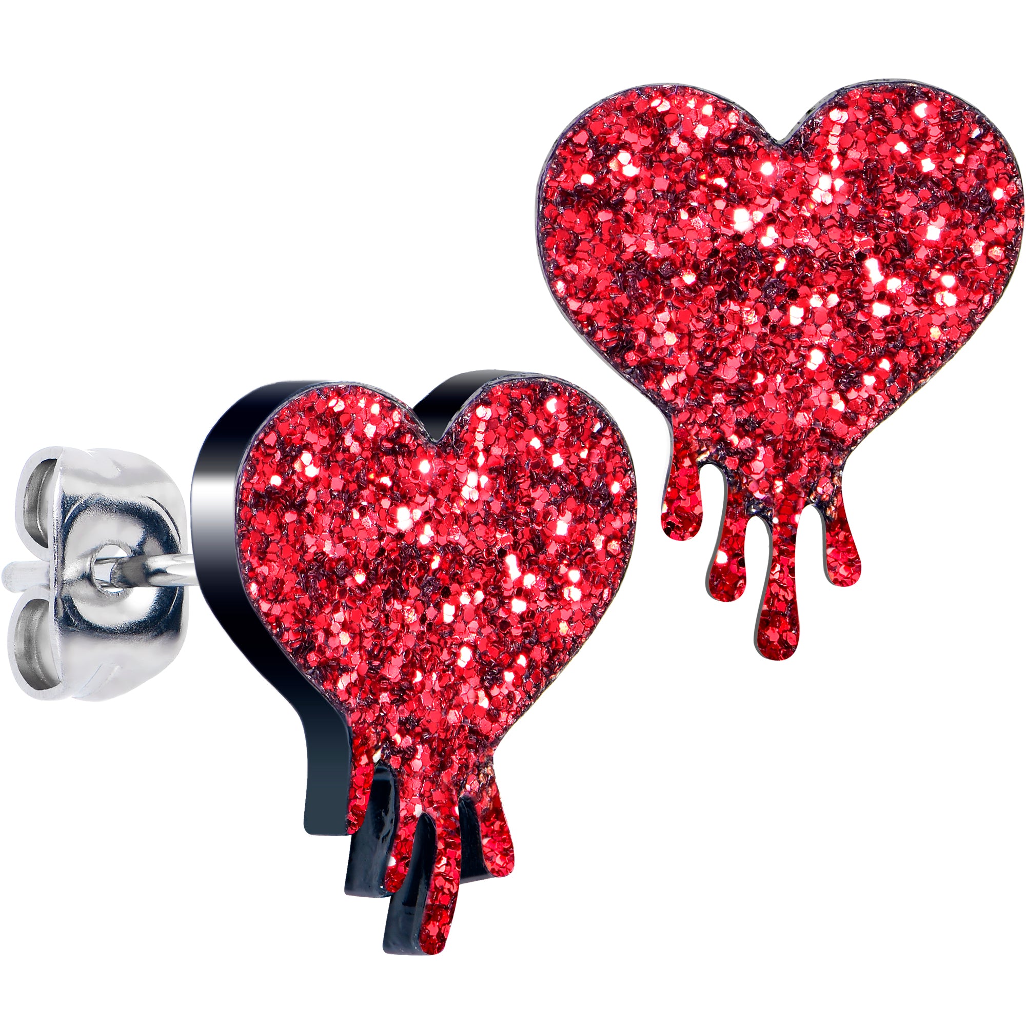 Glitter heart stud earrings dripping 