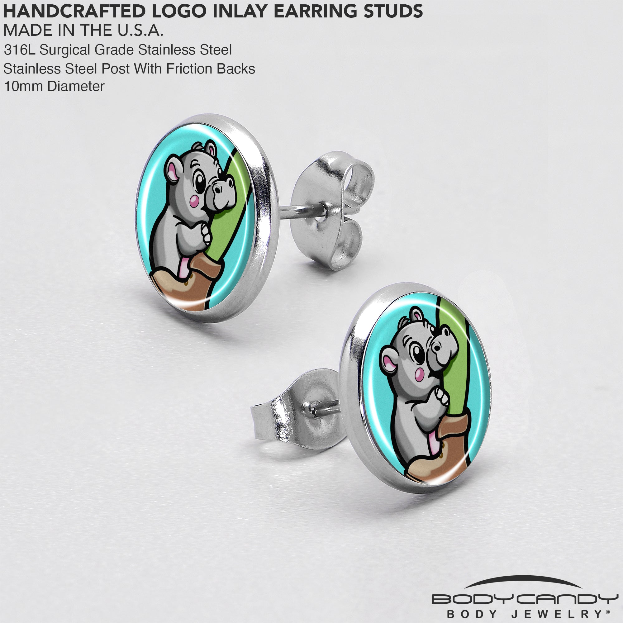 Cute baby hippo biting stud earrings, handmade and hypoallergenic