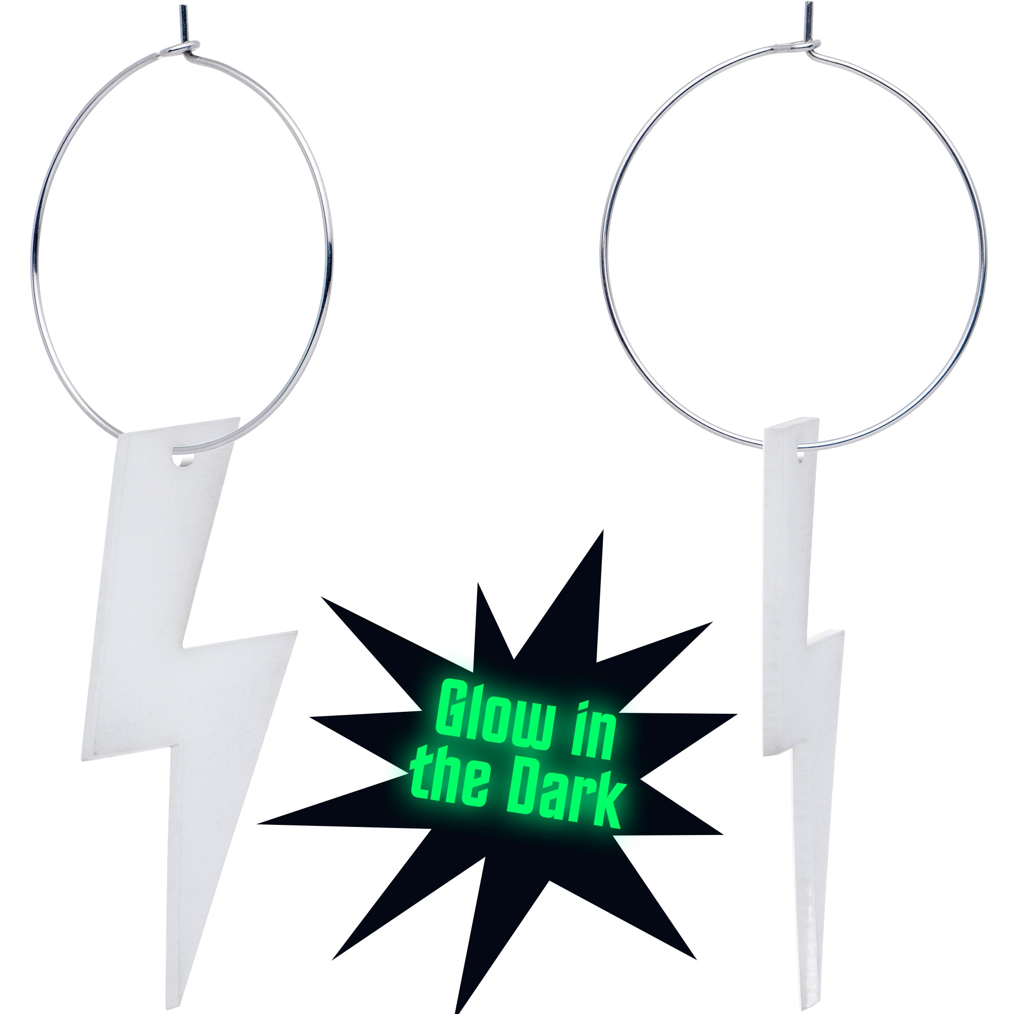 Glow in the dark lightning bolt hoop earrings made of acrylic