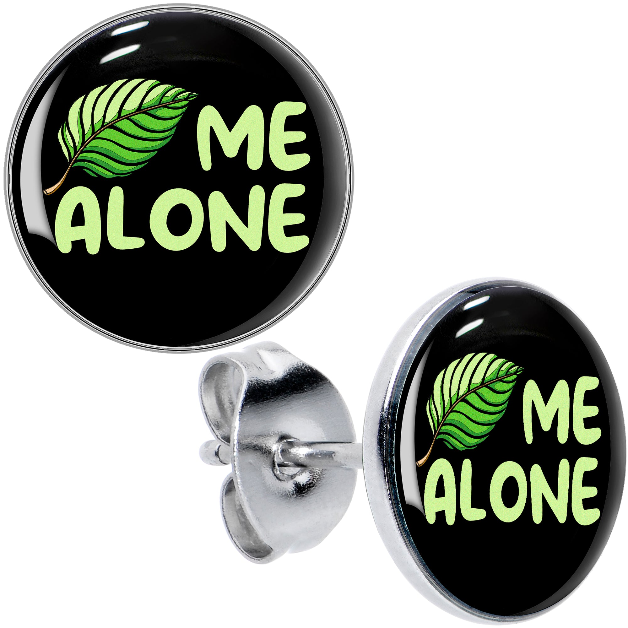 Black Green Leaf Me Alone Stud Earrings