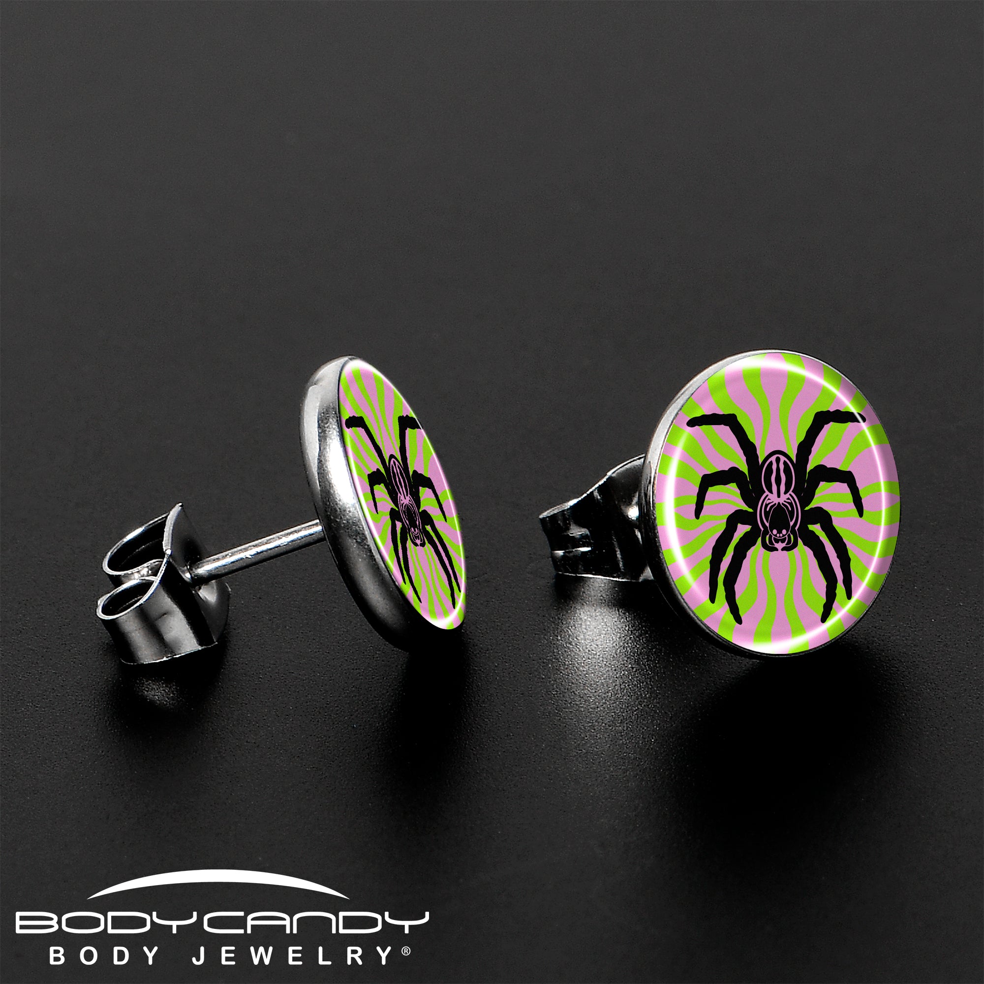 Artistic spider-themed stud earrings featuring a psychedelic pattern