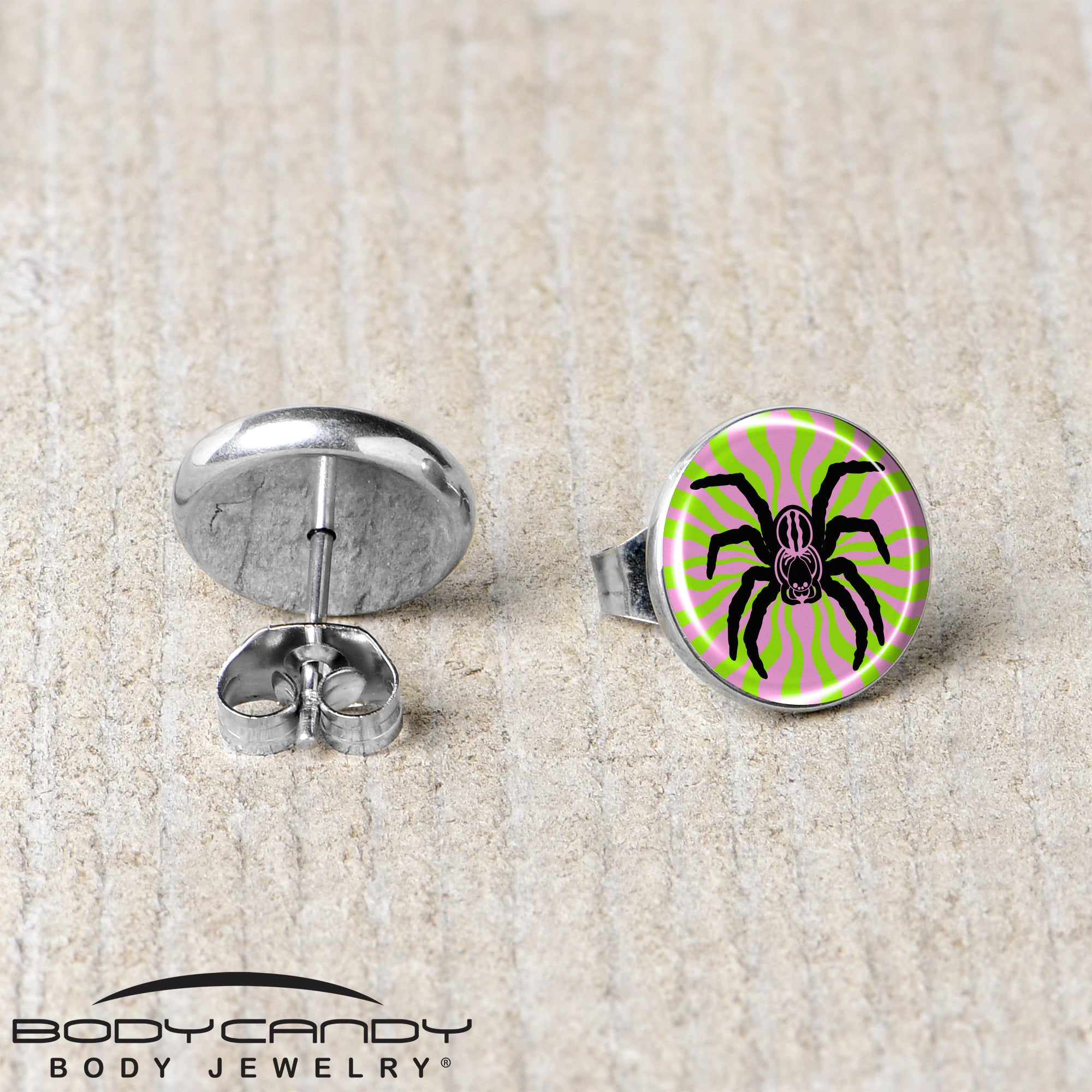 Eye-catching spider stud earrings with a colorful, psychedelic flair