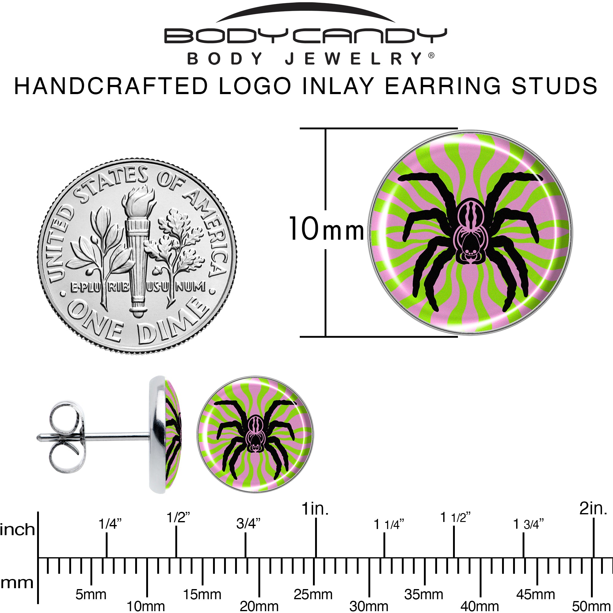 Vividly designed spider stud earrings with a psychedelic aesthetic