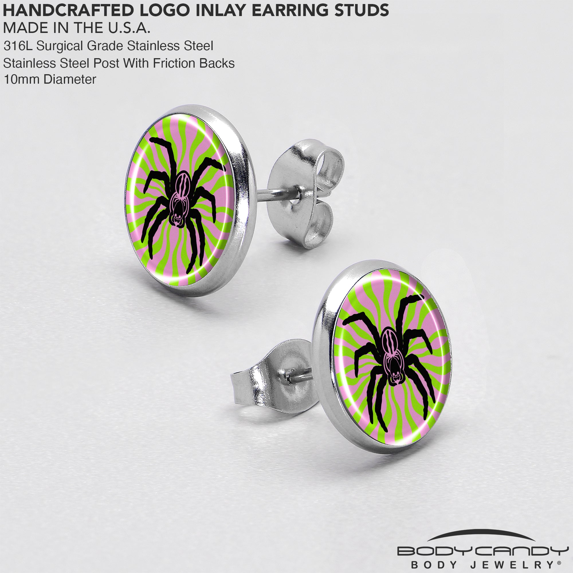 Whimsical spider stud earrings in a psychedelic, multicolored design