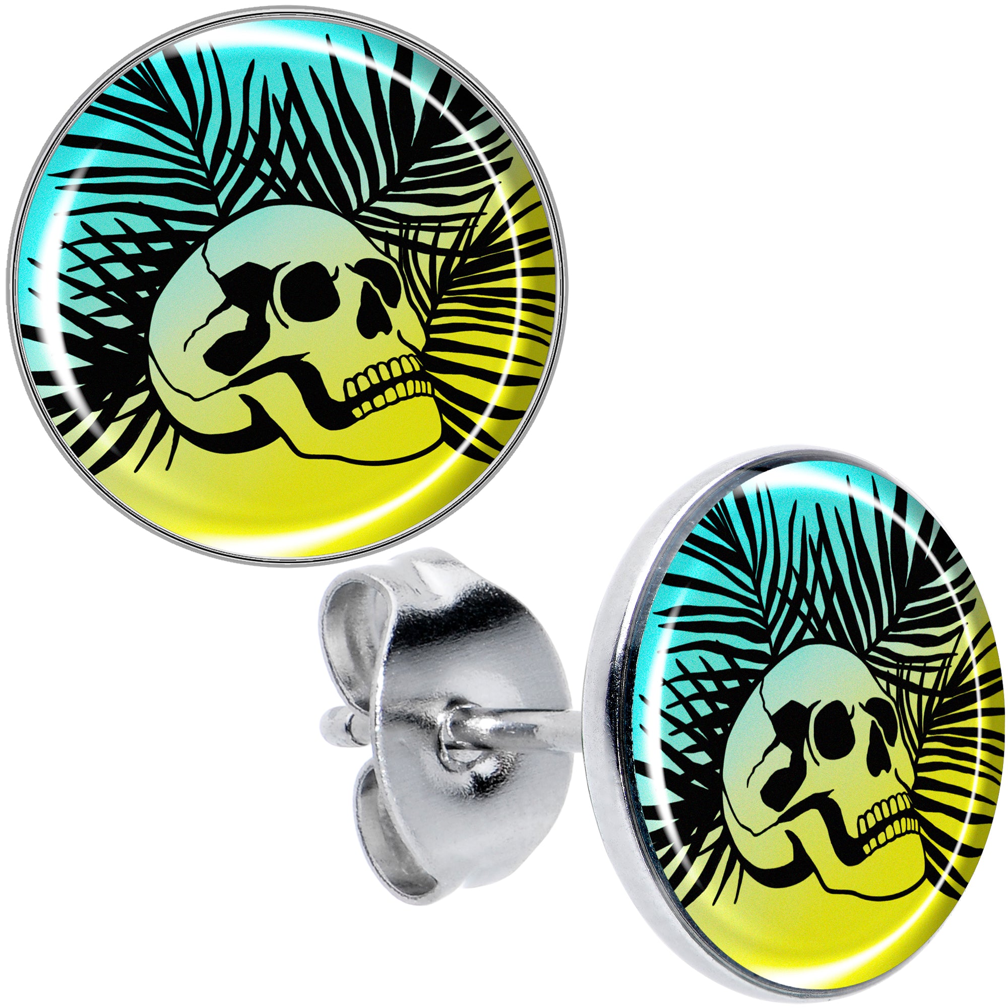 Blue Haze Sunset Skull and Palms Stud Earrings