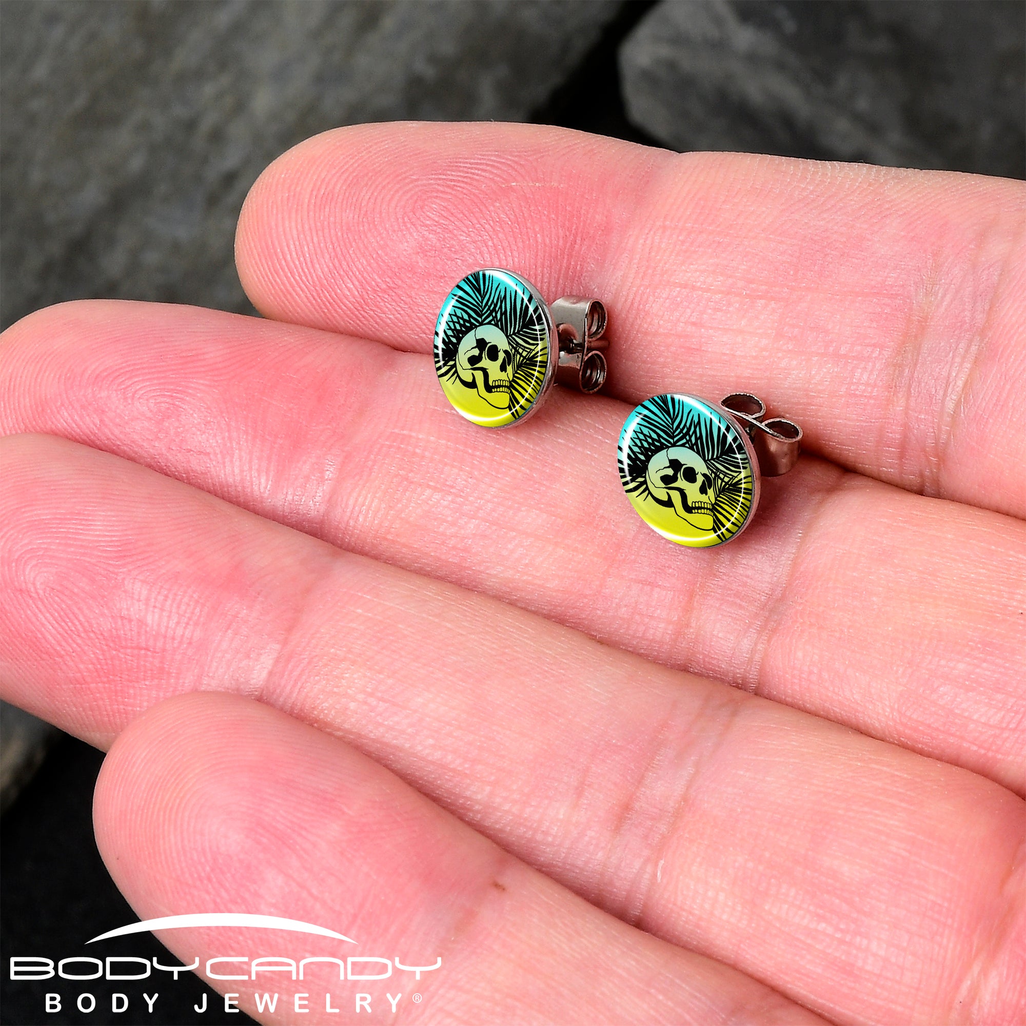 Blue Haze Sunset Skull and Palms Stud Earrings