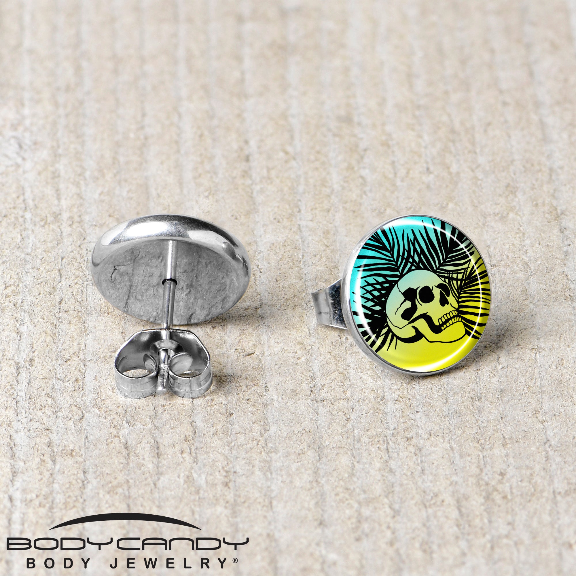 Blue Haze Sunset Skull and Palms Stud Earrings