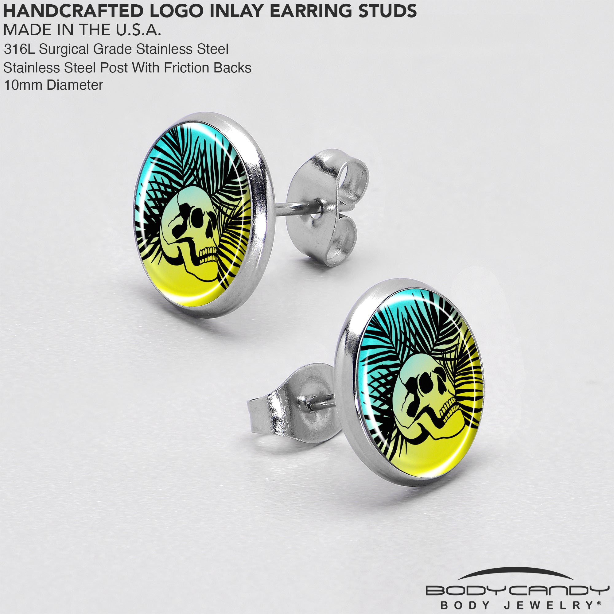 Blue Haze Sunset Skull and Palms Stud Earrings