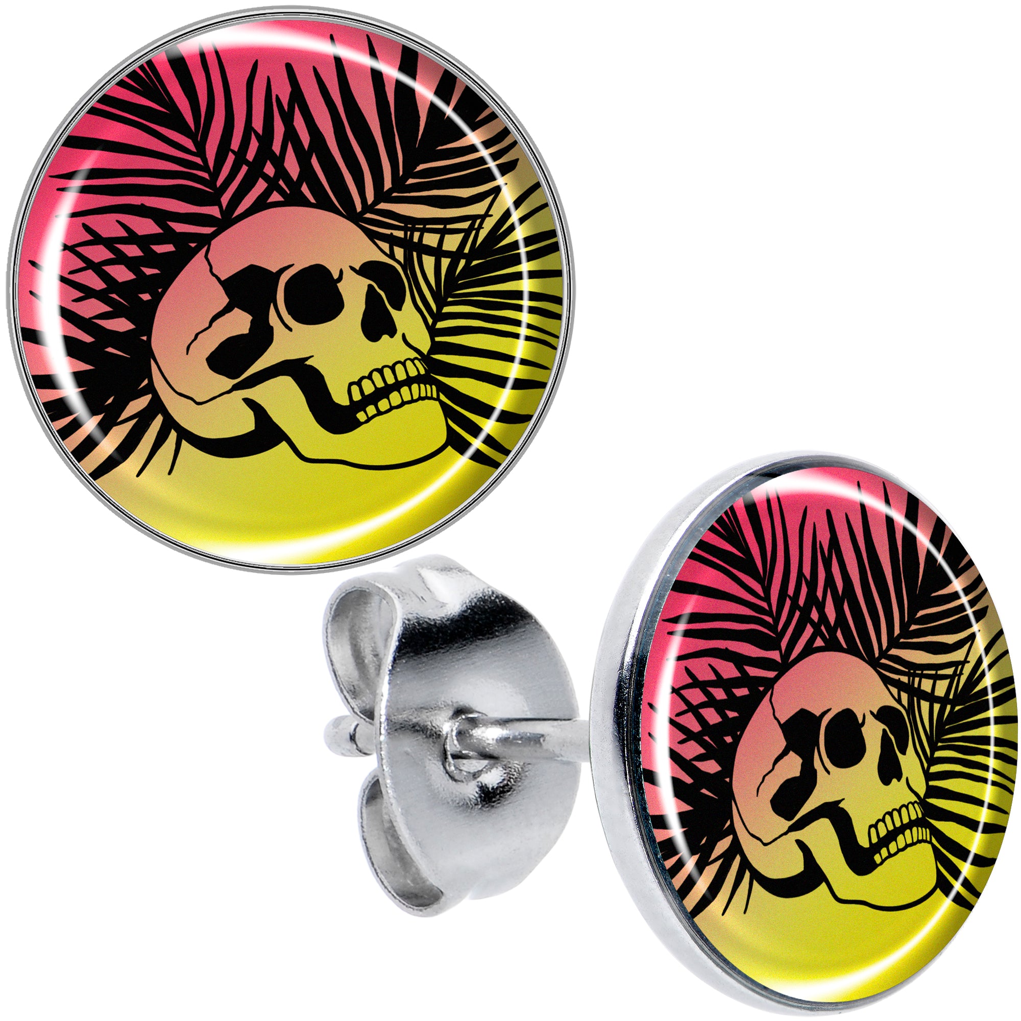 Red Haze Sunset Skull and Palms Stud Earrings