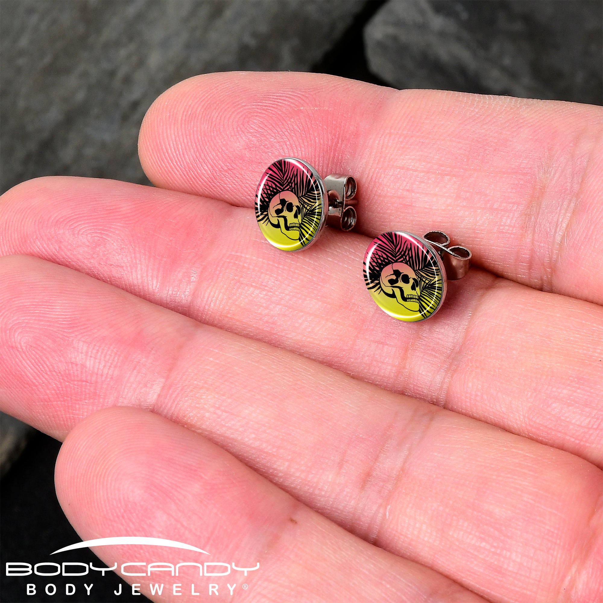 Red Haze Sunset Skull and Palms Stud Earrings