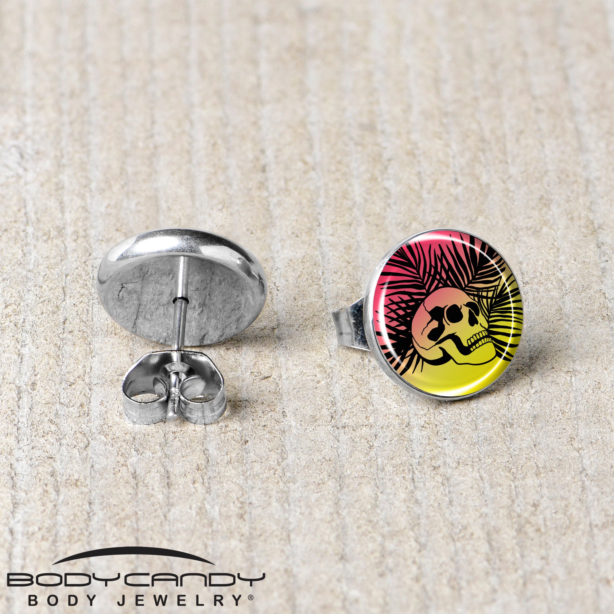 Red Haze Sunset Skull and Palms Stud Earrings