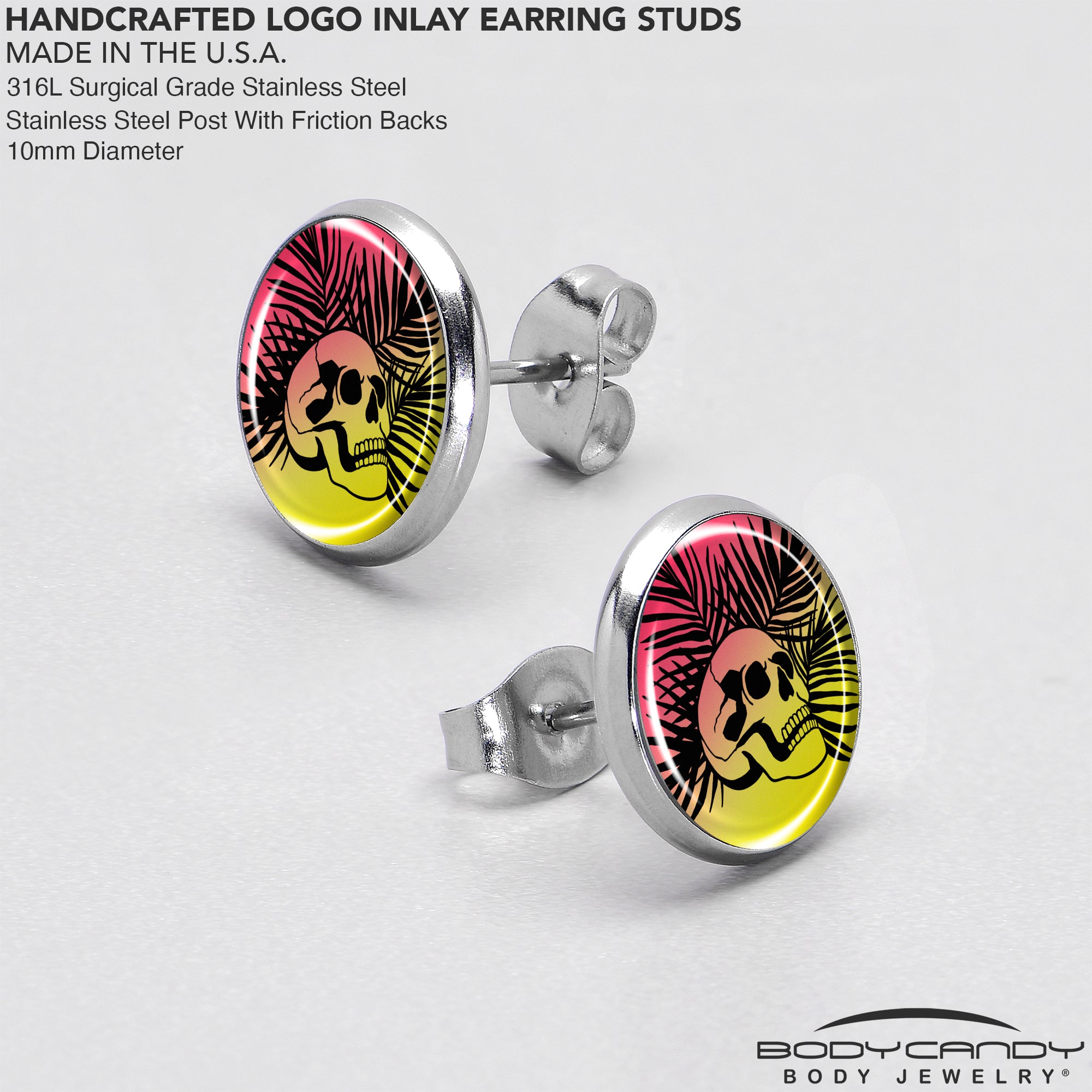 Red Haze Sunset Skull and Palms Stud Earrings