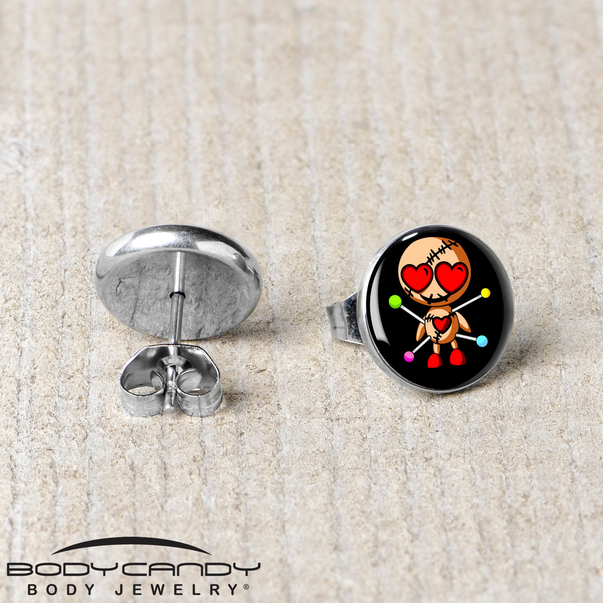 Heart Shaped Stud Earrings with Voodoo Doll Design