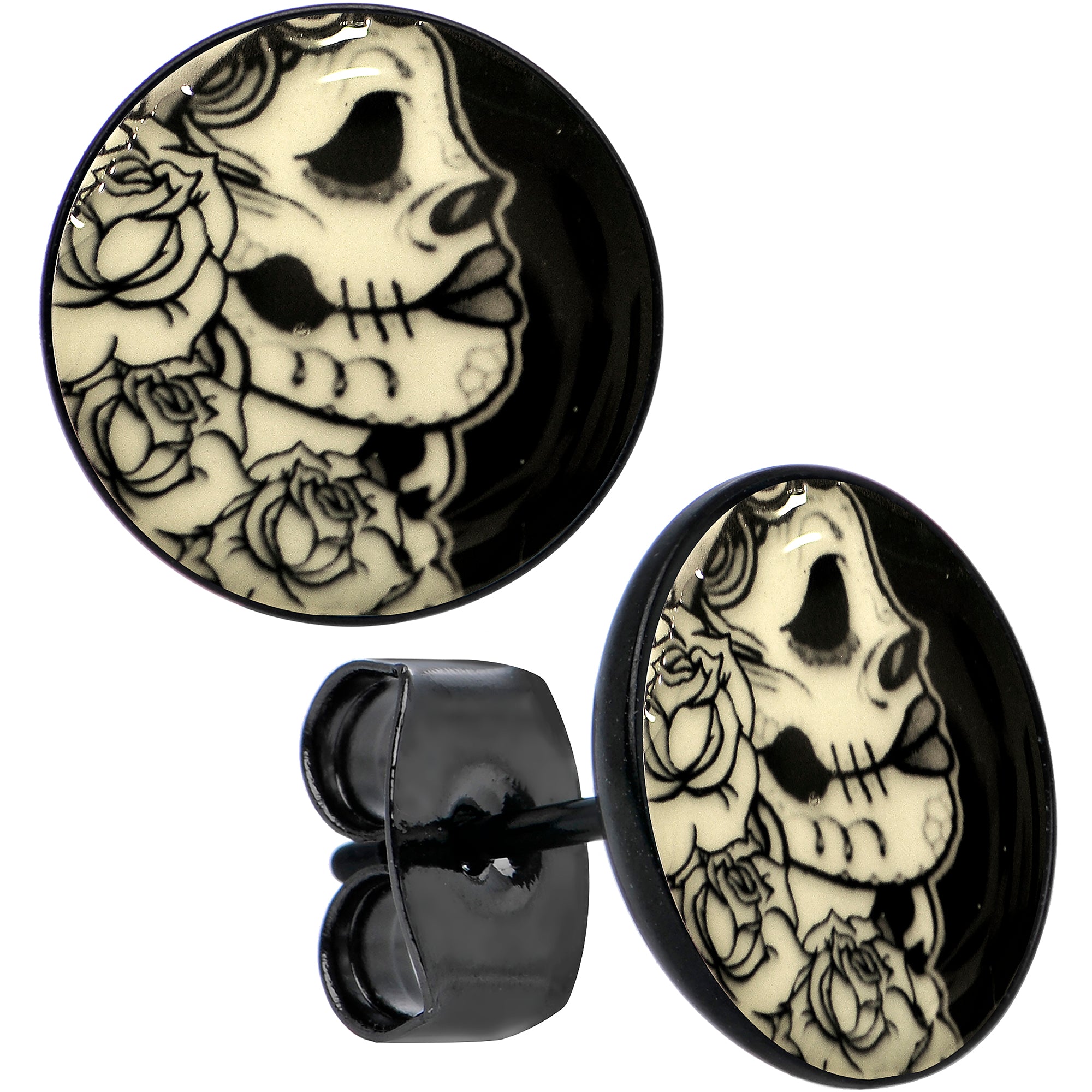 Black Anodized Gothic Rose Flower Skull Glow in the Dark Stud Earrings