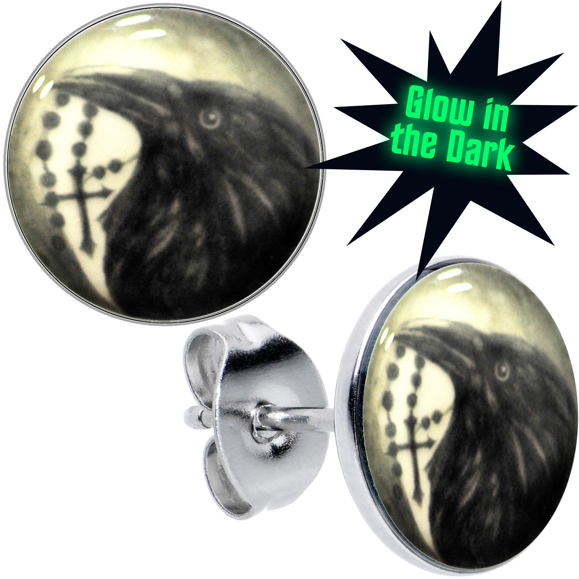 Raven and Cross Glow in the Dark Stud Earrings