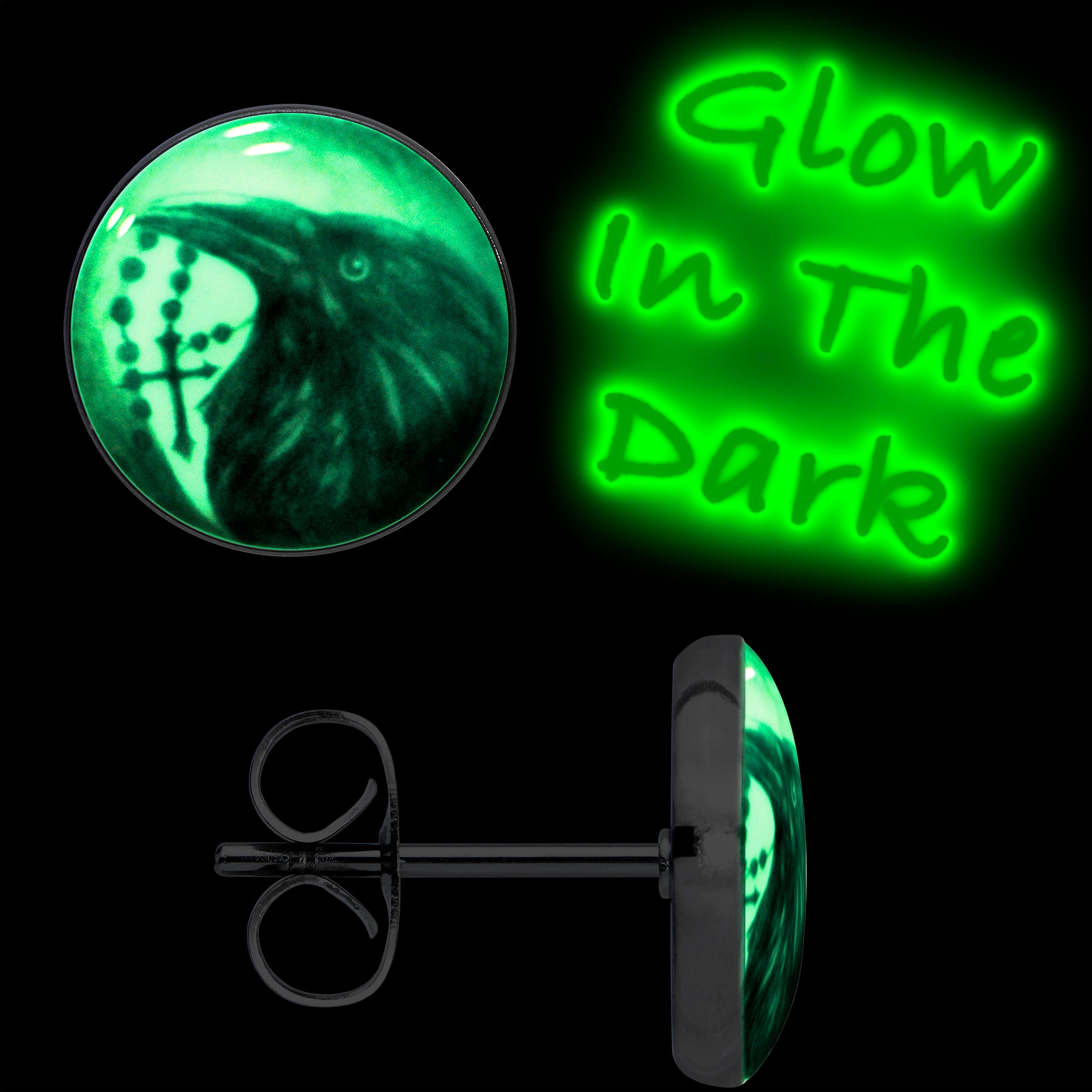 Raven and Cross Glow in the Dark Stud Earrings