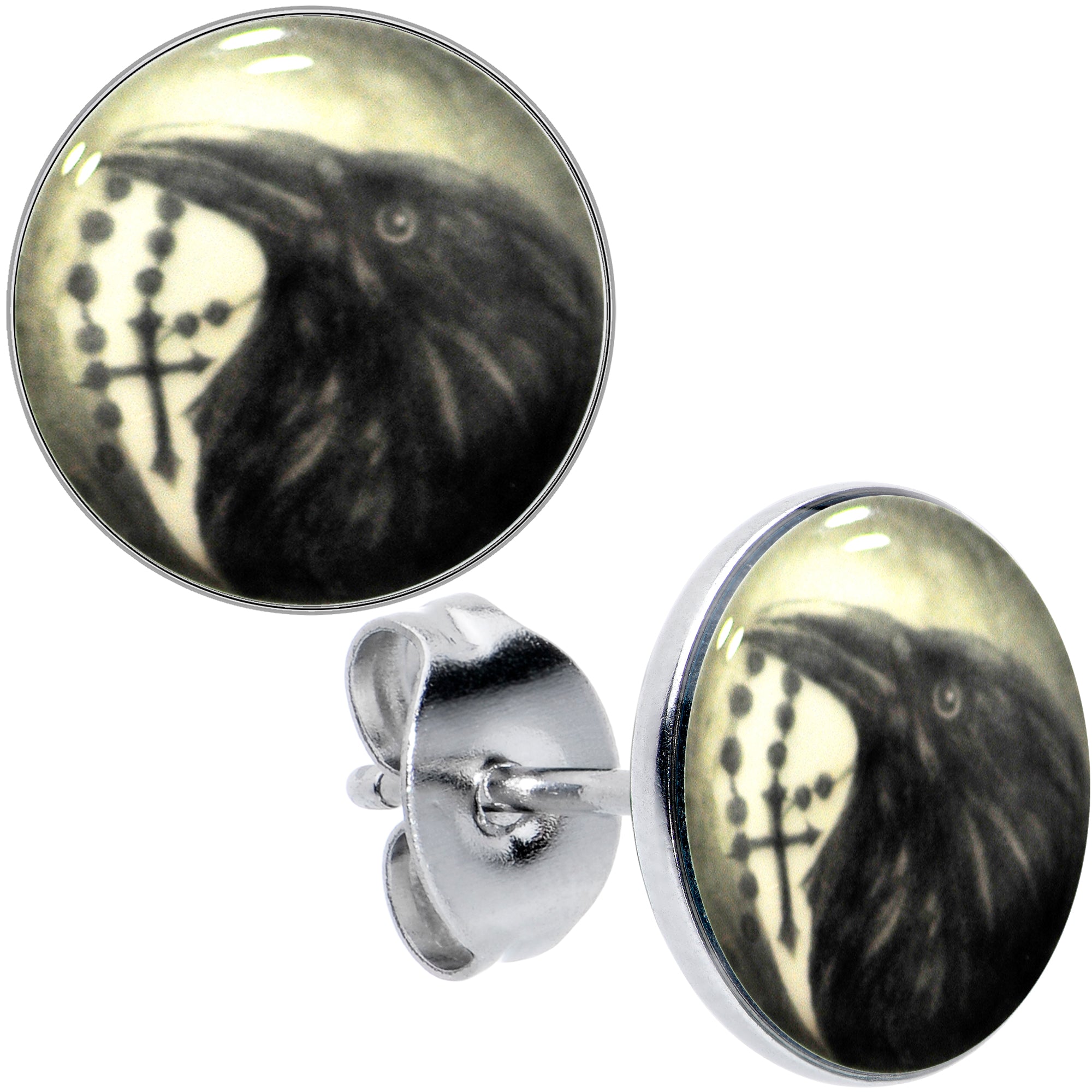 Raven and Cross Glow in the Dark Stud Earrings