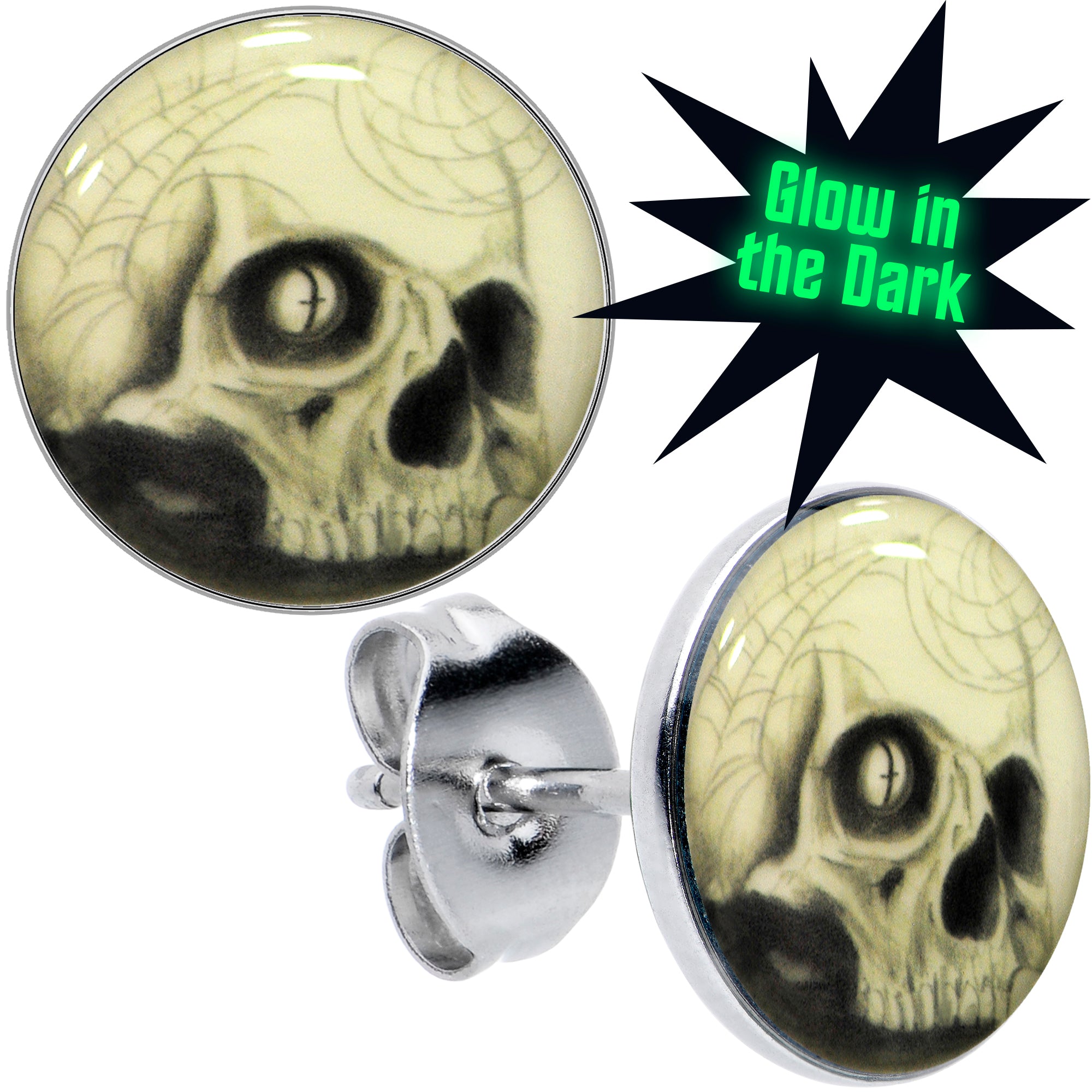 Webbed Skull Glow in the Dark Stud Earrings