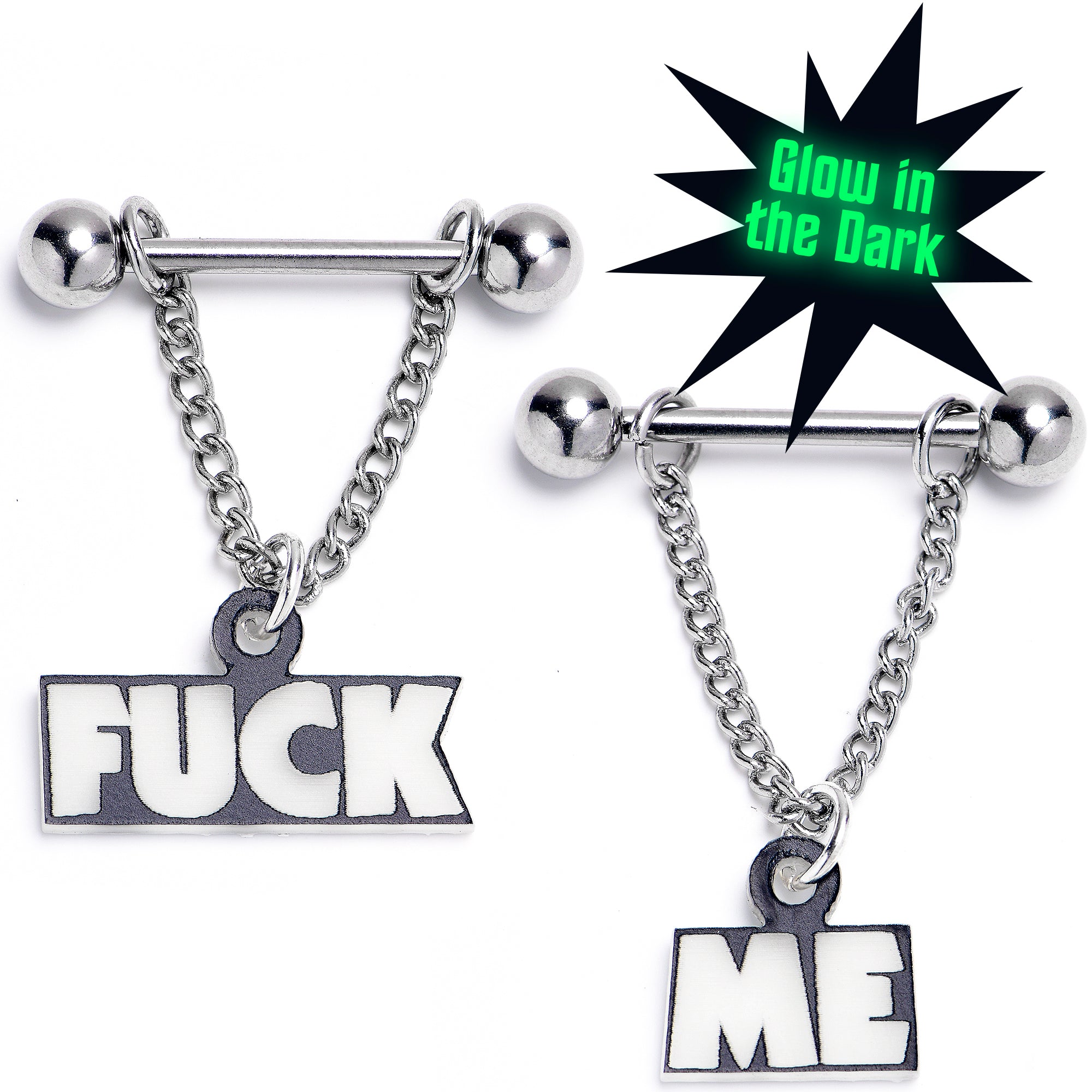 14 Gauge 5/8 F*ck Me Glow in the Dark Chain Dangle Nipple Ring Set