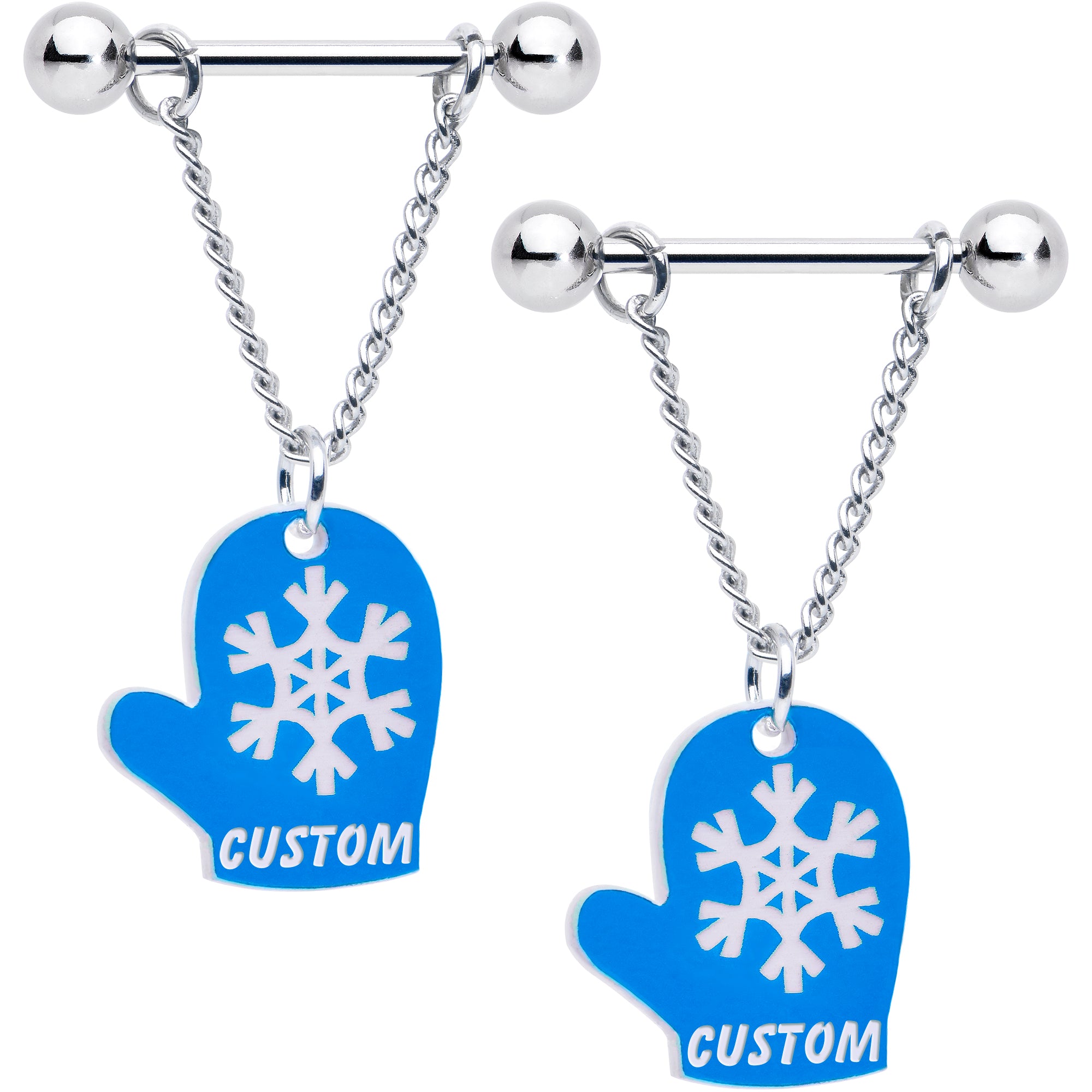 Custom Holiday Mittens Personalized Dangle Barbell Nipple Ring Set (More Colors)