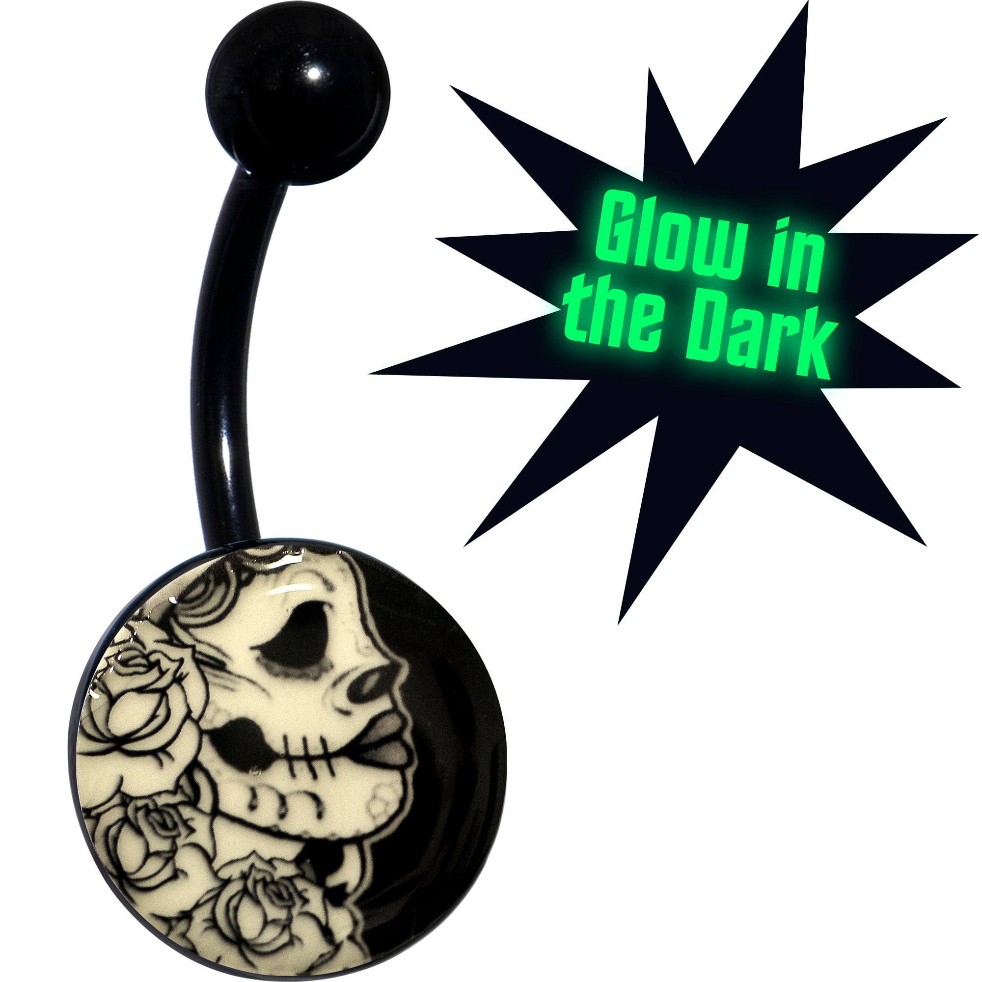 Black Glow in the Dark Katrina Sugar Skull Belly Ring