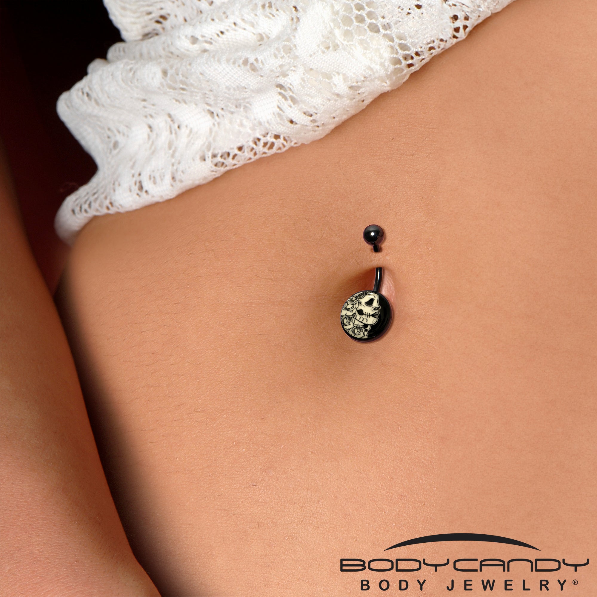 Black Glow in the Dark Katrina Sugar Skull Belly Ring