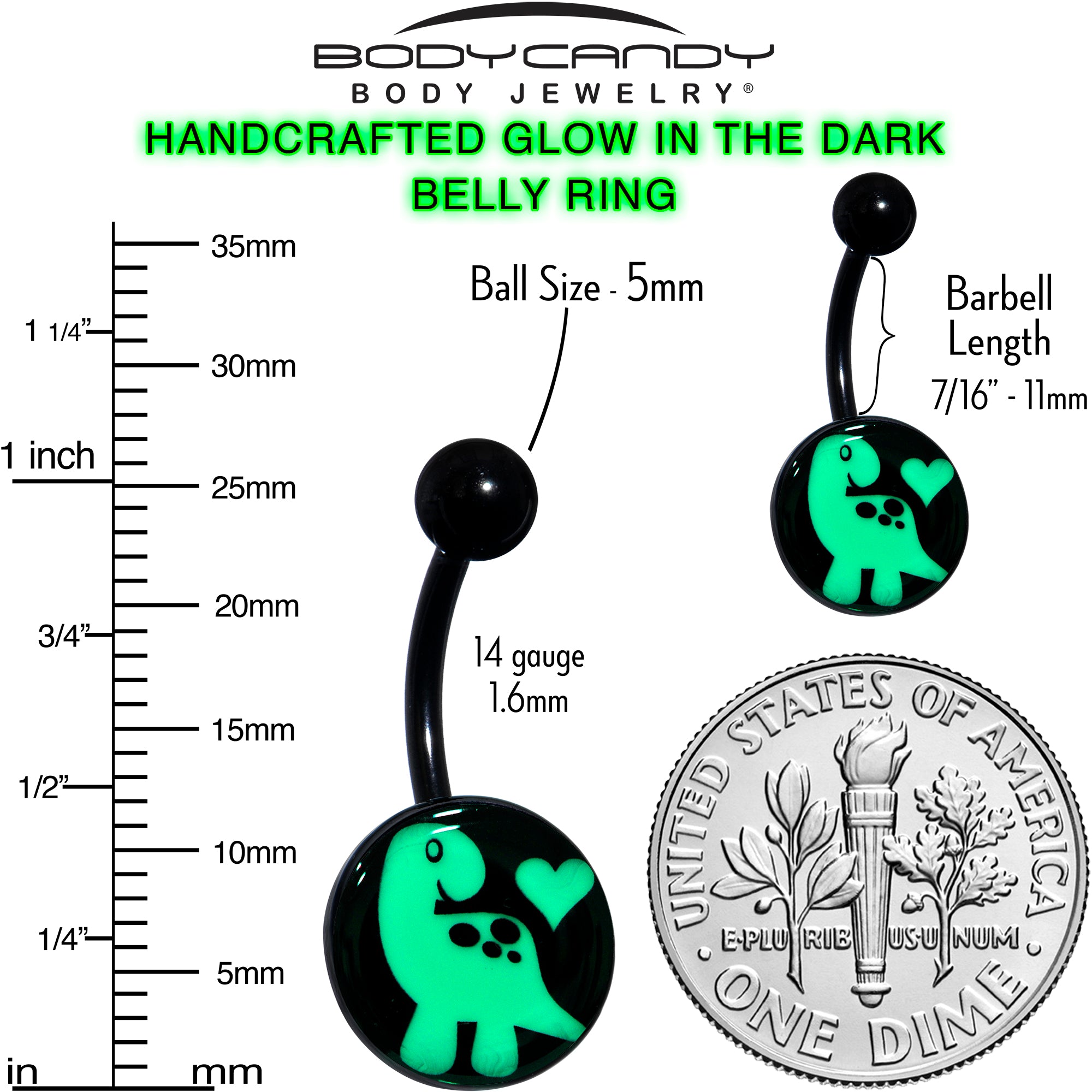 Black Glow in the Dark Cute Dinosaur Belly Ring